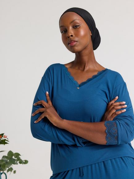 Pretty You London Bamboo Lace V-Neck Pyjama Set - view 2, Teal