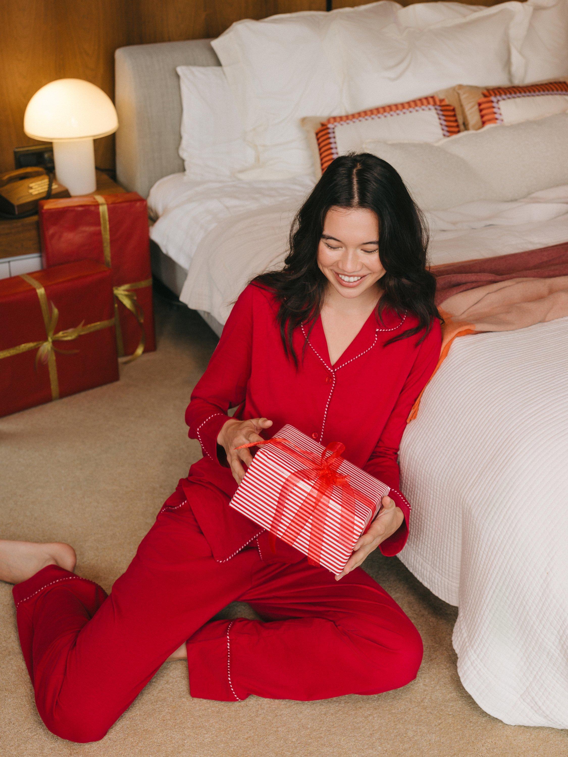 Chelsea Peers Organic Cotton Long Sleeve Button Up Pyjamas, Red