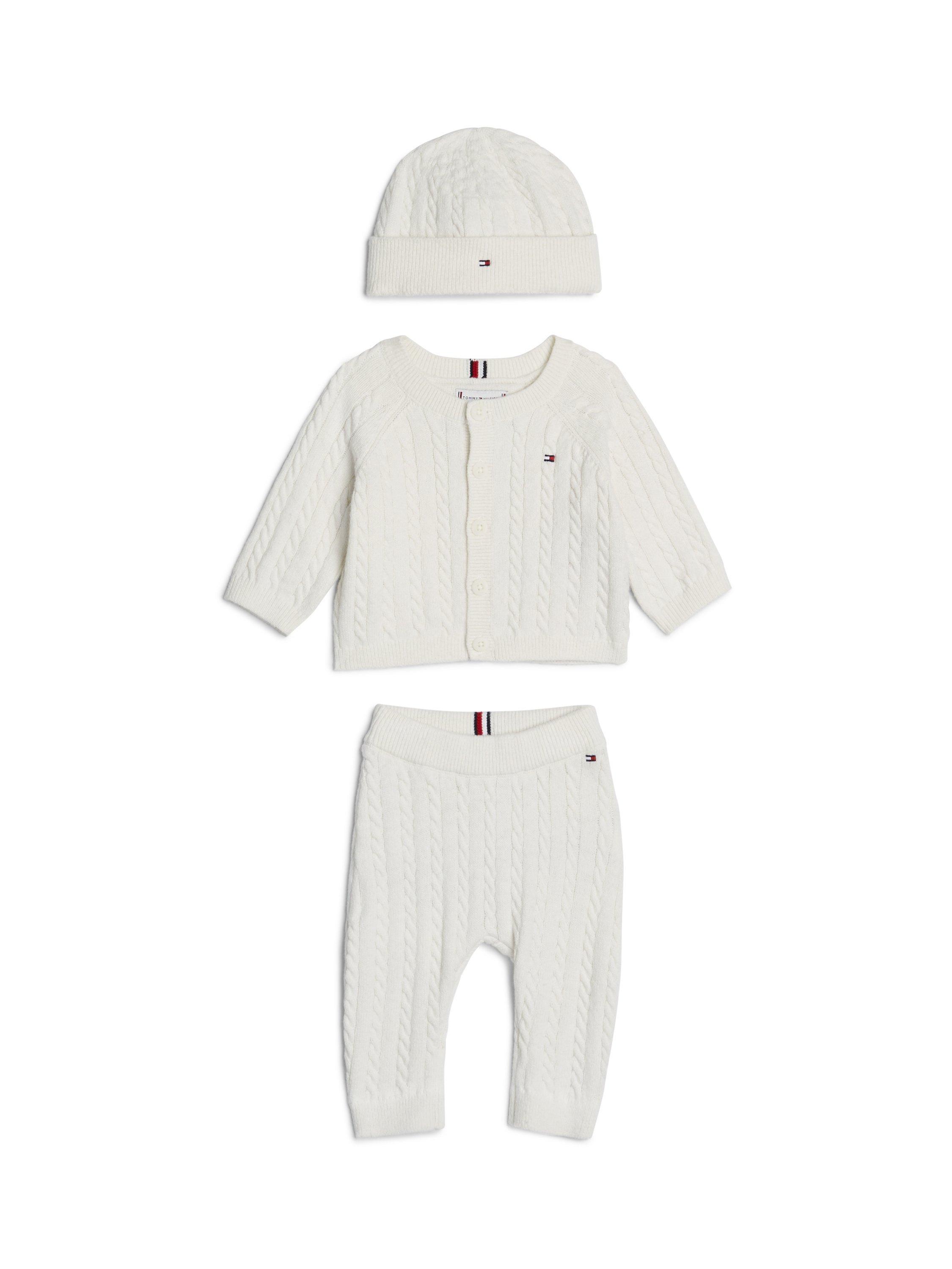 Tommy Hilfiger Baby Cable Knit Hat Cardigan Joggers Set Ivory Petal
