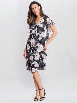 Gina Bacconi Nicola V -Neck Floral Dress, Black/Multi, Black/Multi