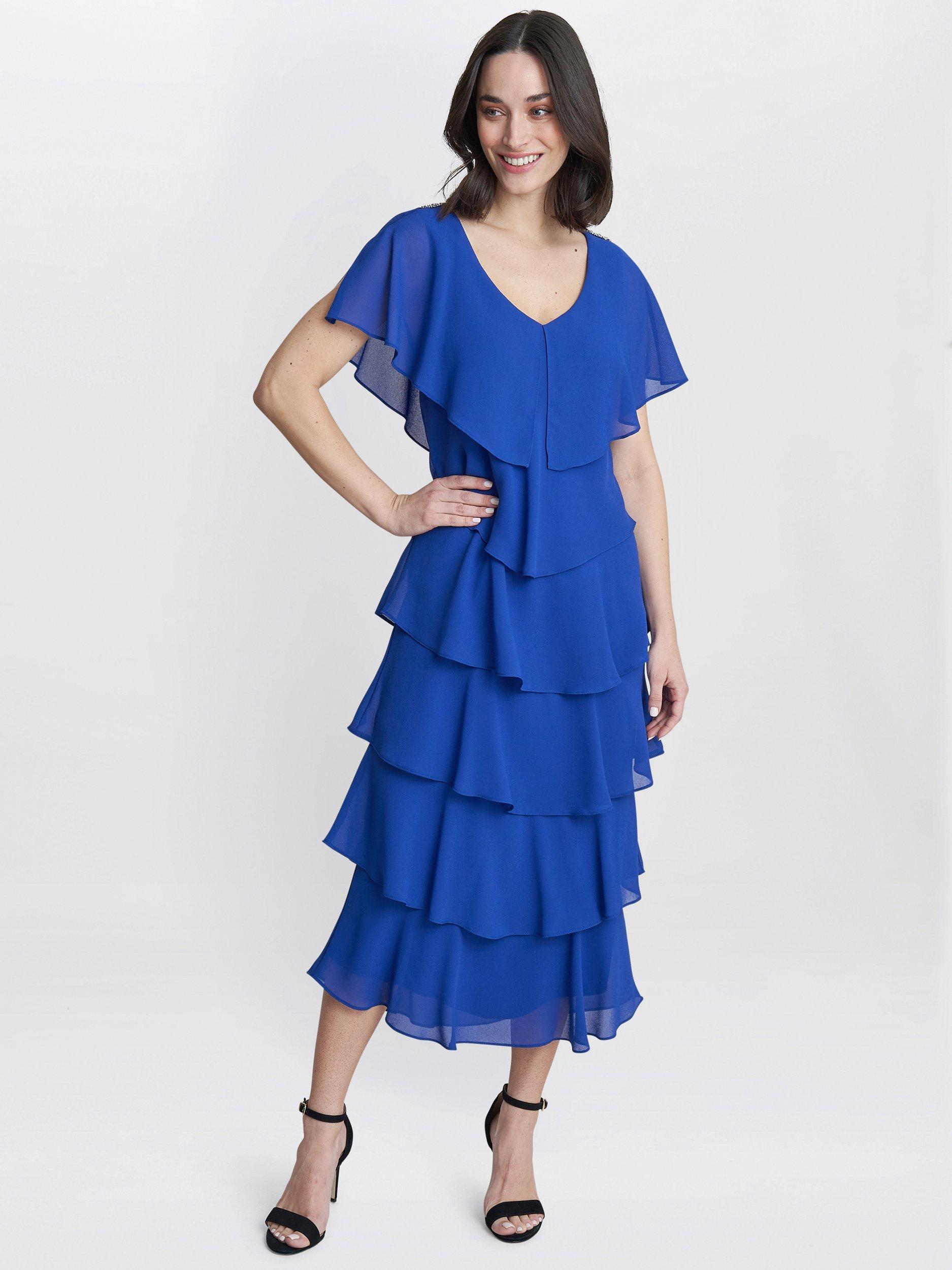 Product image 3 of 4, which shows Gina Bacconi Rebecca Tiered Midi Dress, Cobalt, 8