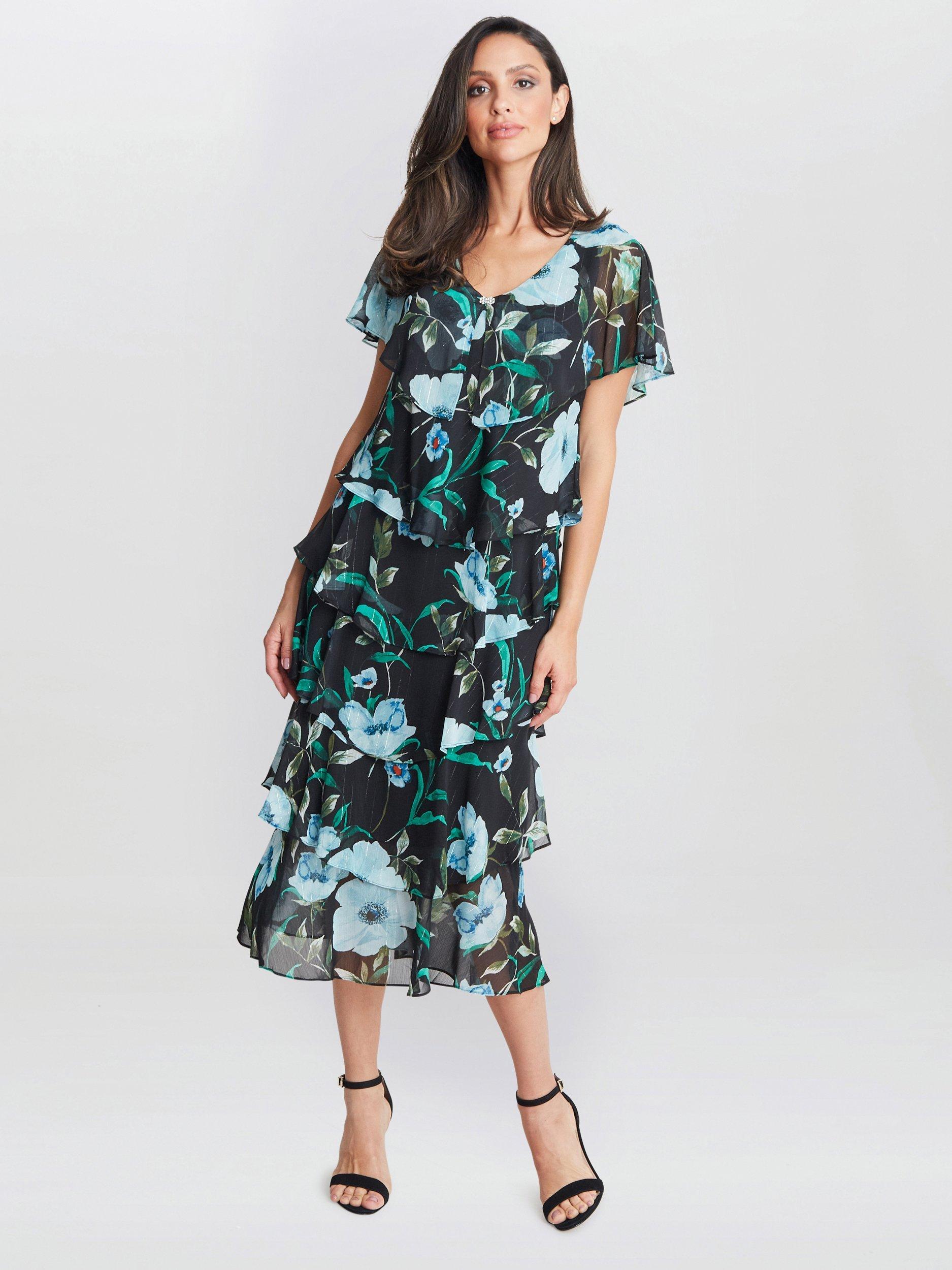 Product image 1 of 5, which shows Gina Bacconi Frances Floral Midi Dress, Bright Teal, 10