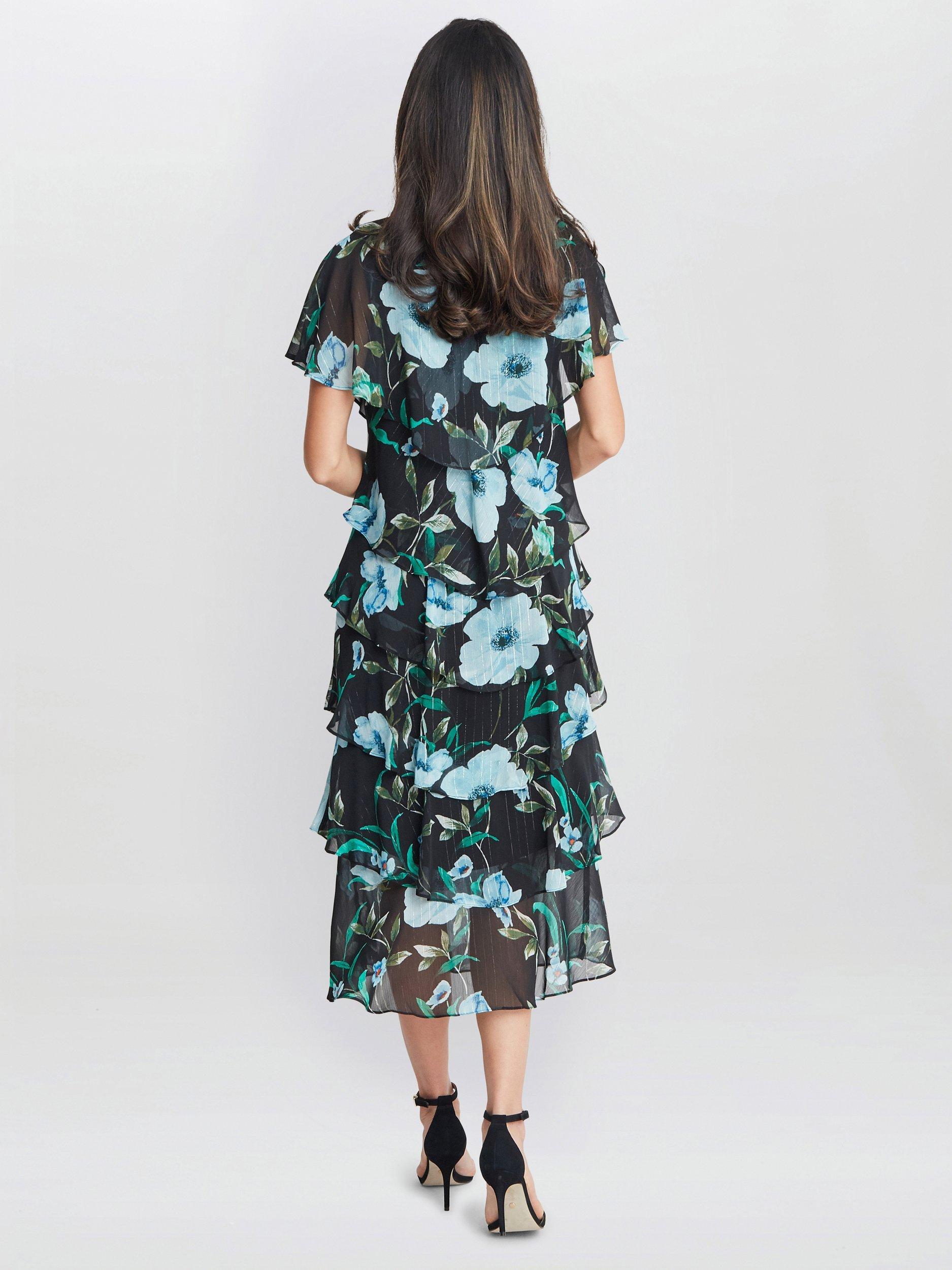 Product image 2 of 5, which shows Gina Bacconi Frances Floral Midi Dress, Bright Teal, 10