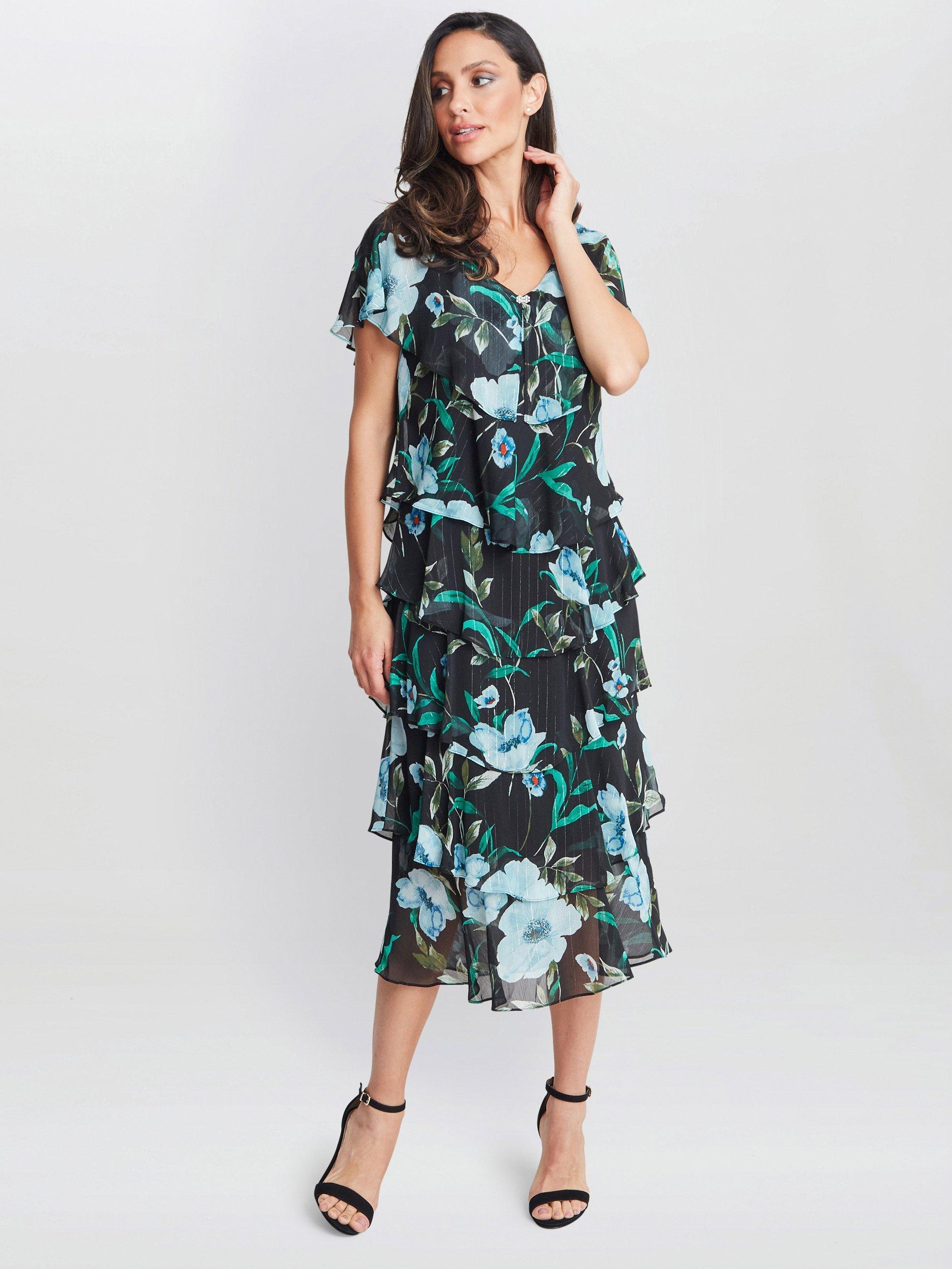 Product image 3 of 5, which shows Gina Bacconi Frances Floral Midi Dress, Bright Teal, 10