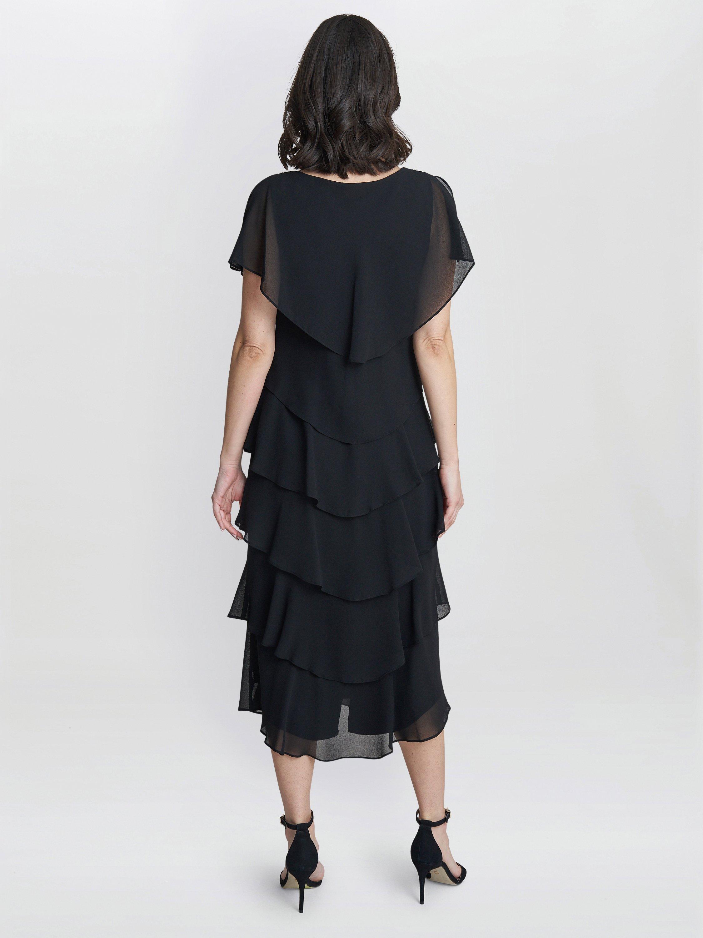 Product image 2 of 4, which shows Gina Bacconi Tessa Tiered Shoulder Trim Midi Dress, Black, 8