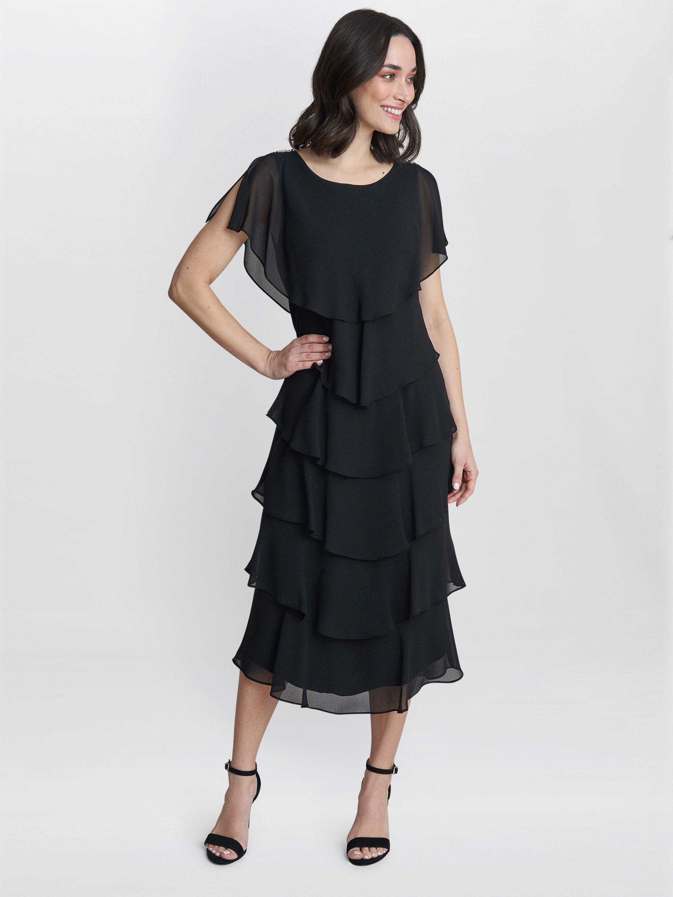 Product image 3 of 4, which shows Gina Bacconi Tessa Tiered Shoulder Trim Midi Dress, Black, 8