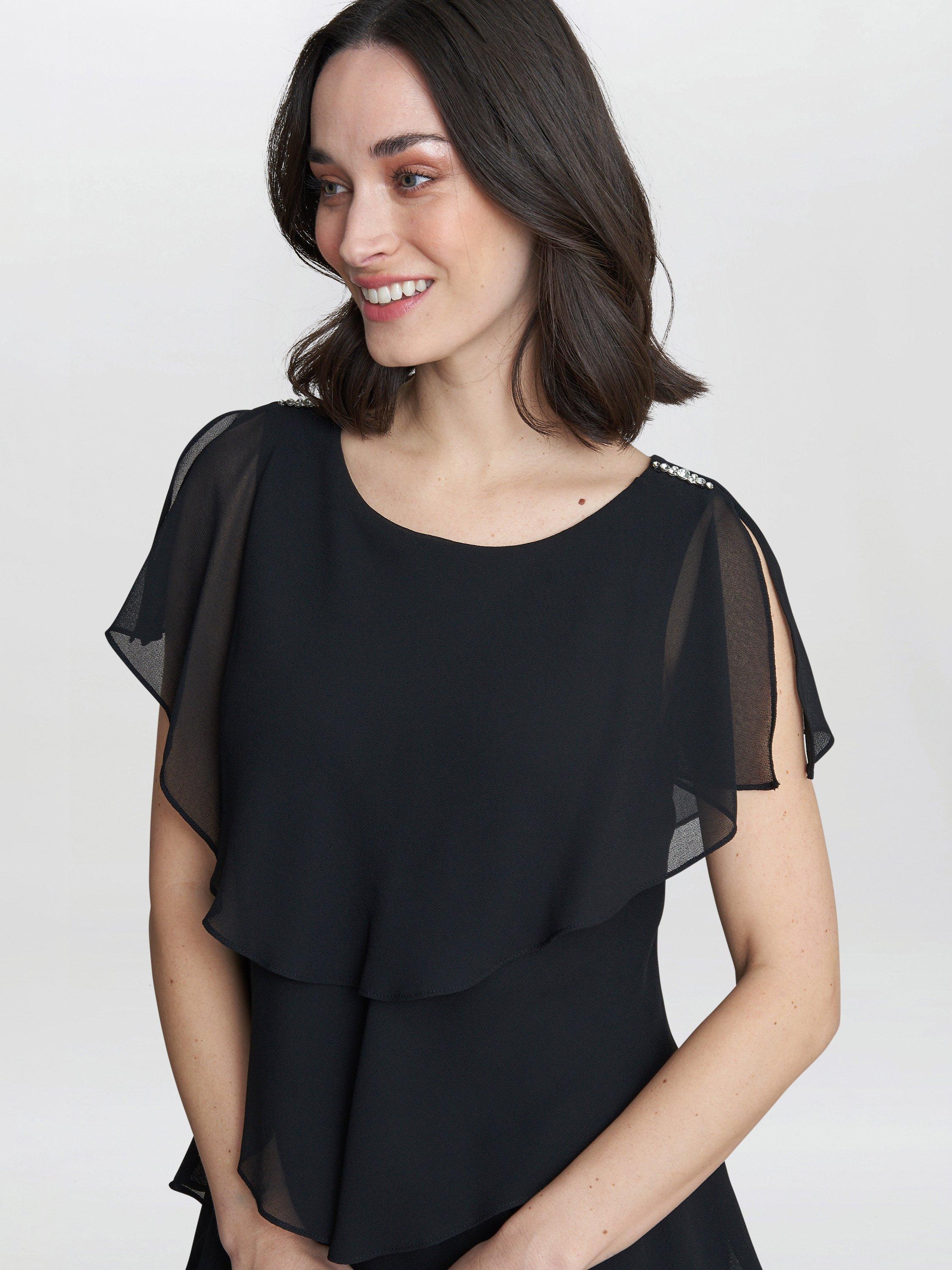 Product image 4 of 4, which shows Gina Bacconi Tessa Tiered Shoulder Trim Midi Dress, Black, 8