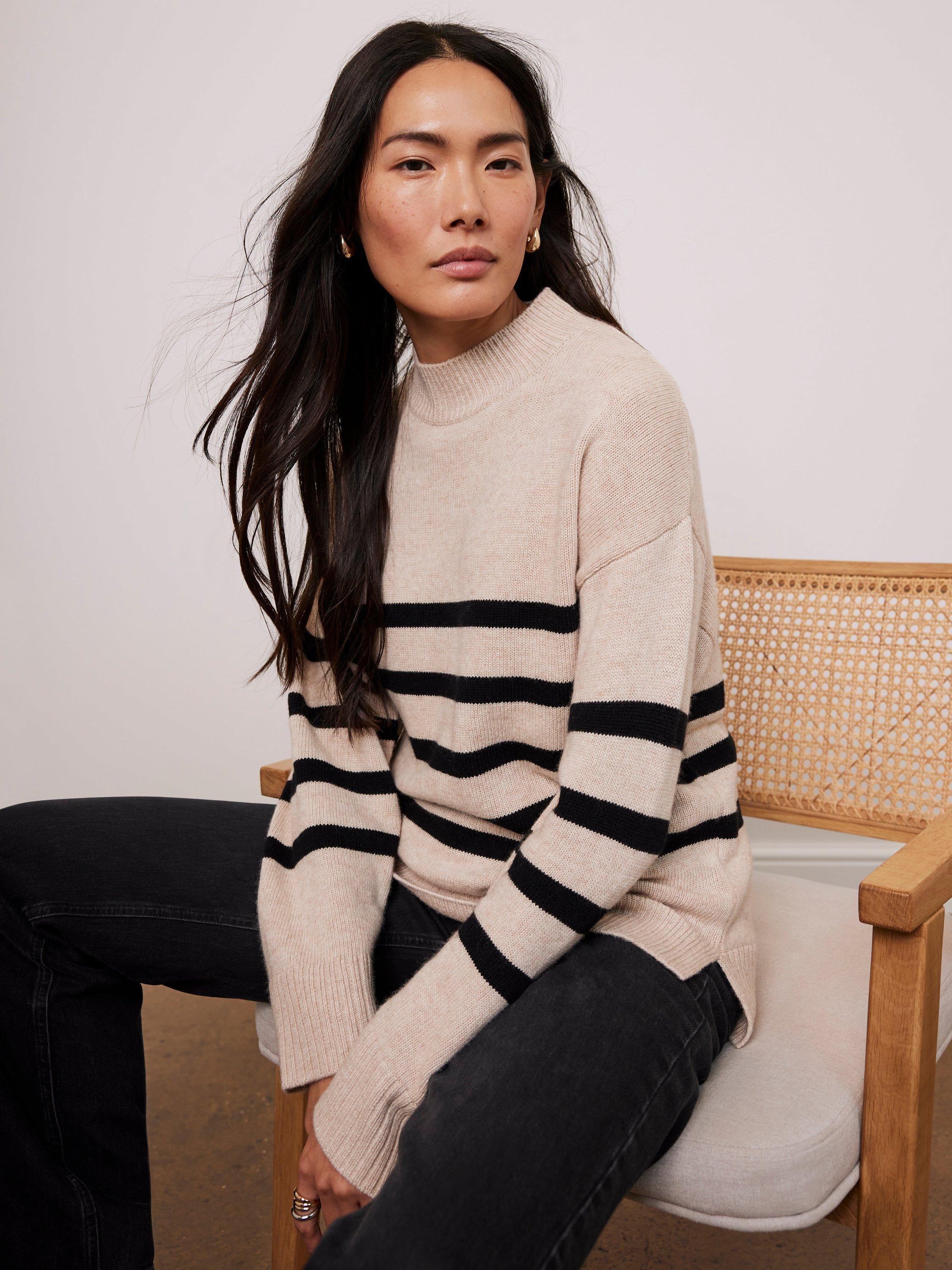 Mint Velvet High Neck Stripe Jumper, Beige/Black