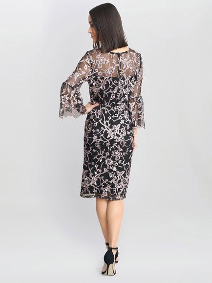 Gina Bacconi Maxine Embroidered Shift Dress, Black/Pink - view 2, Black/Pink