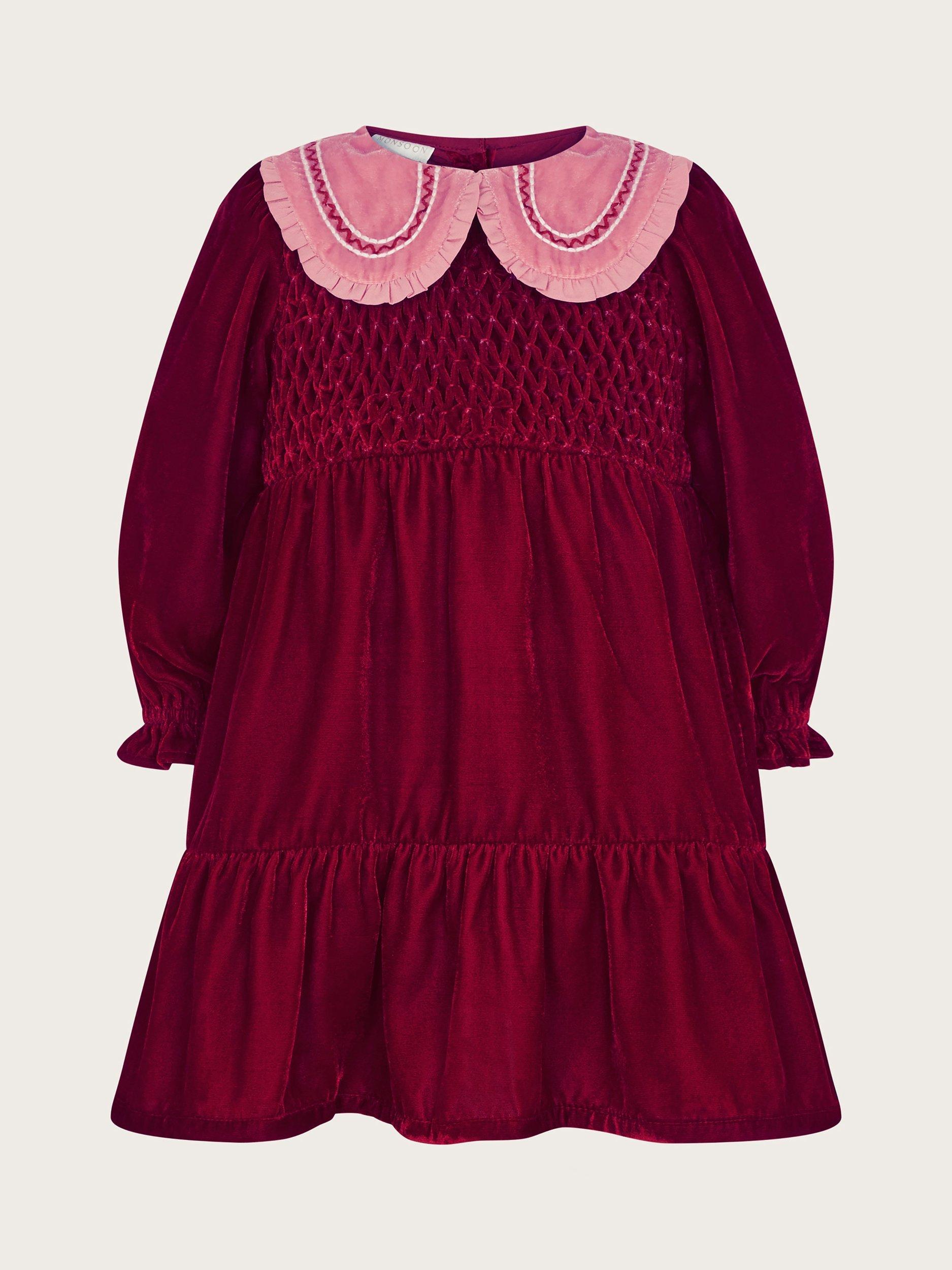 Monsoon Baby Smocked Velour Dress, Red