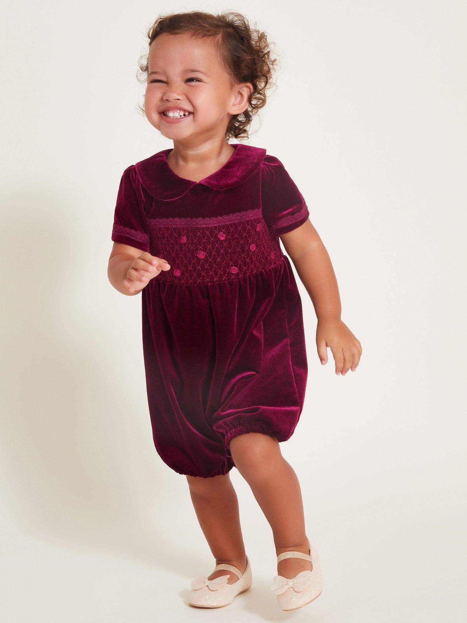 Monsoon Baby Velour Smocking Bodysuit, Burgundy