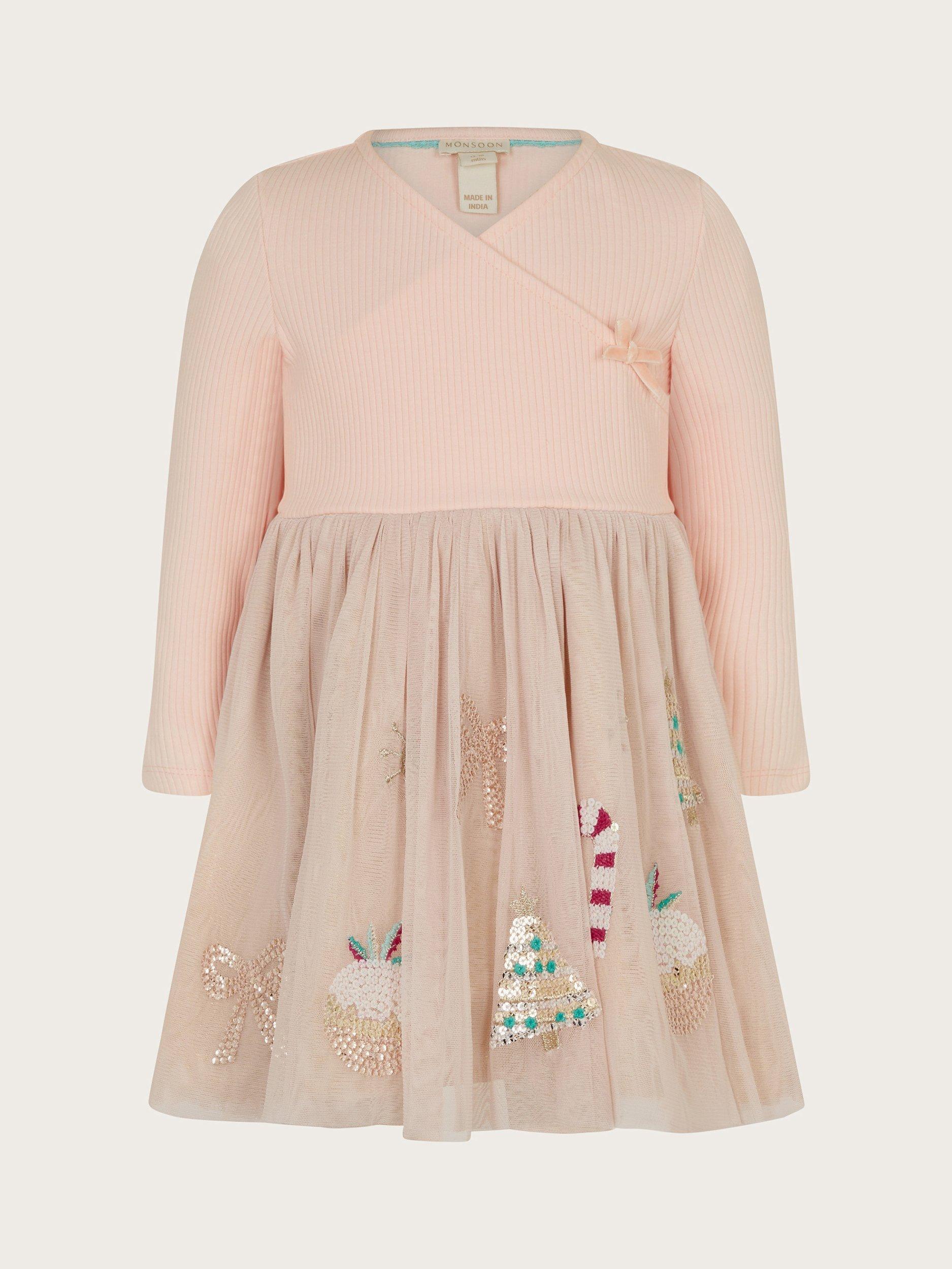 Monsoon Baby Wrap Christmas Disco Dress, Pink