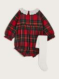 Monsoon Baby Cotton Tartan Romper & Tights Set, Red