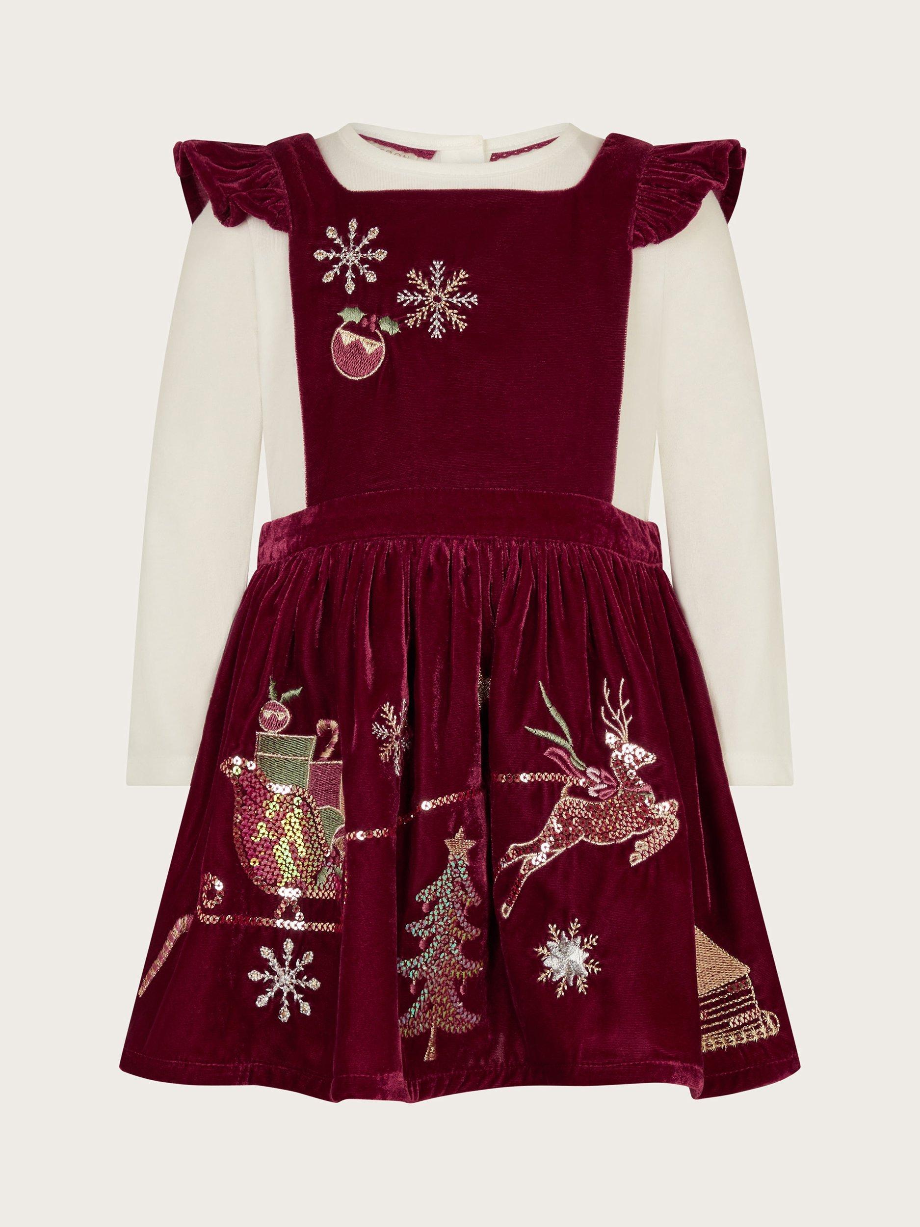 Monsoon Baby Festive Novelty Pinny Dress & Long Sleeve Top, Burgundy