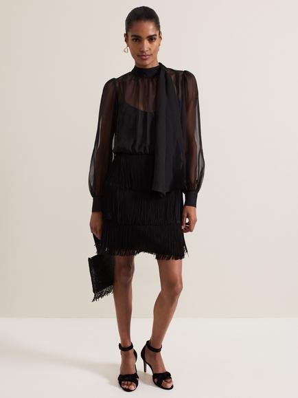 Phase Eight Felicity Semi Sheer Fringe Mini Dress, Black, Black