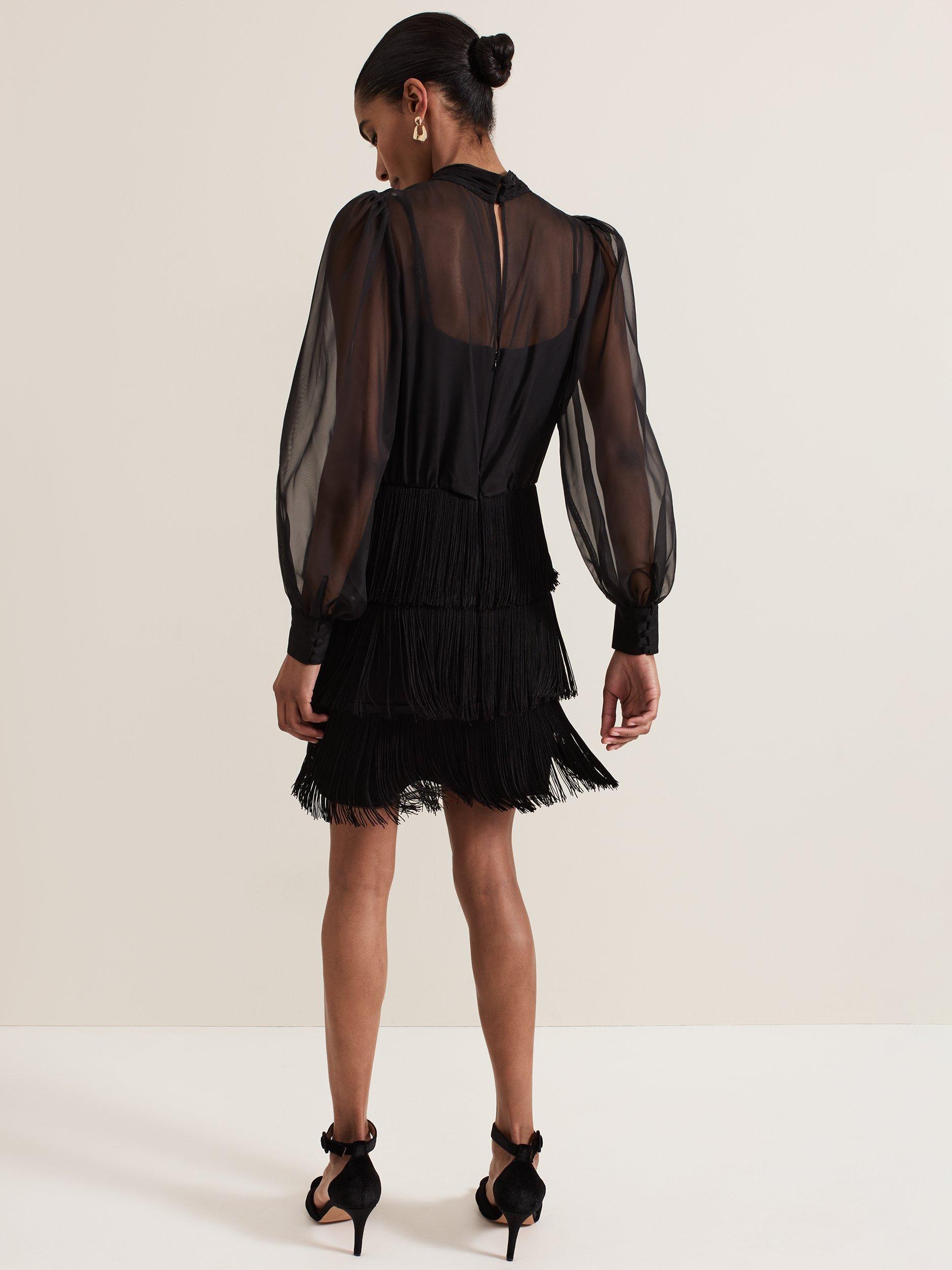 Phase Eight Felicity Semi Sheer Fringe Mini Dress Black