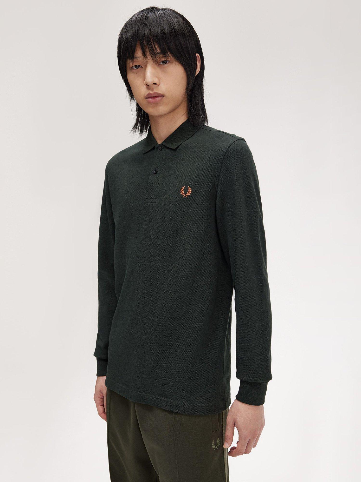 Product image 2 of 5, which shows Fred Perry Cotton Long Sleeve Polo Shirt, Night Green/Marmalade, S