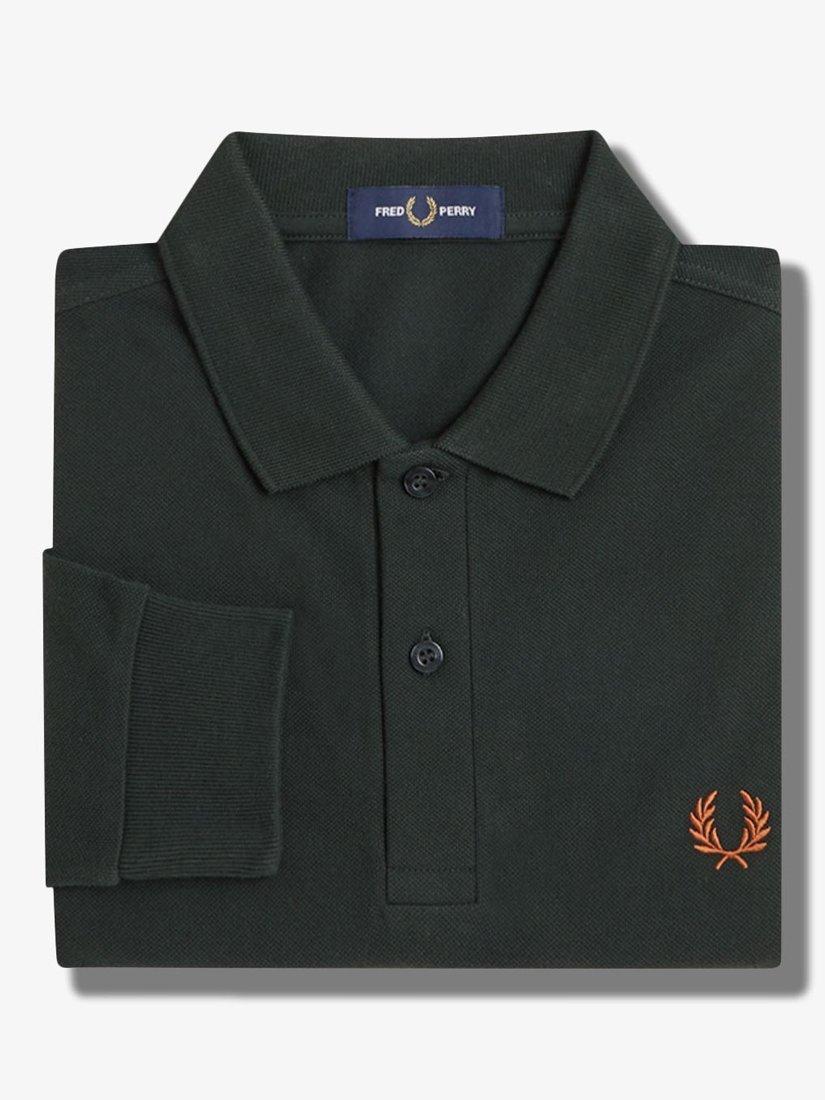 Product image 3 of 5, which shows Fred Perry Cotton Long Sleeve Polo Shirt, Night Green/Marmalade, S