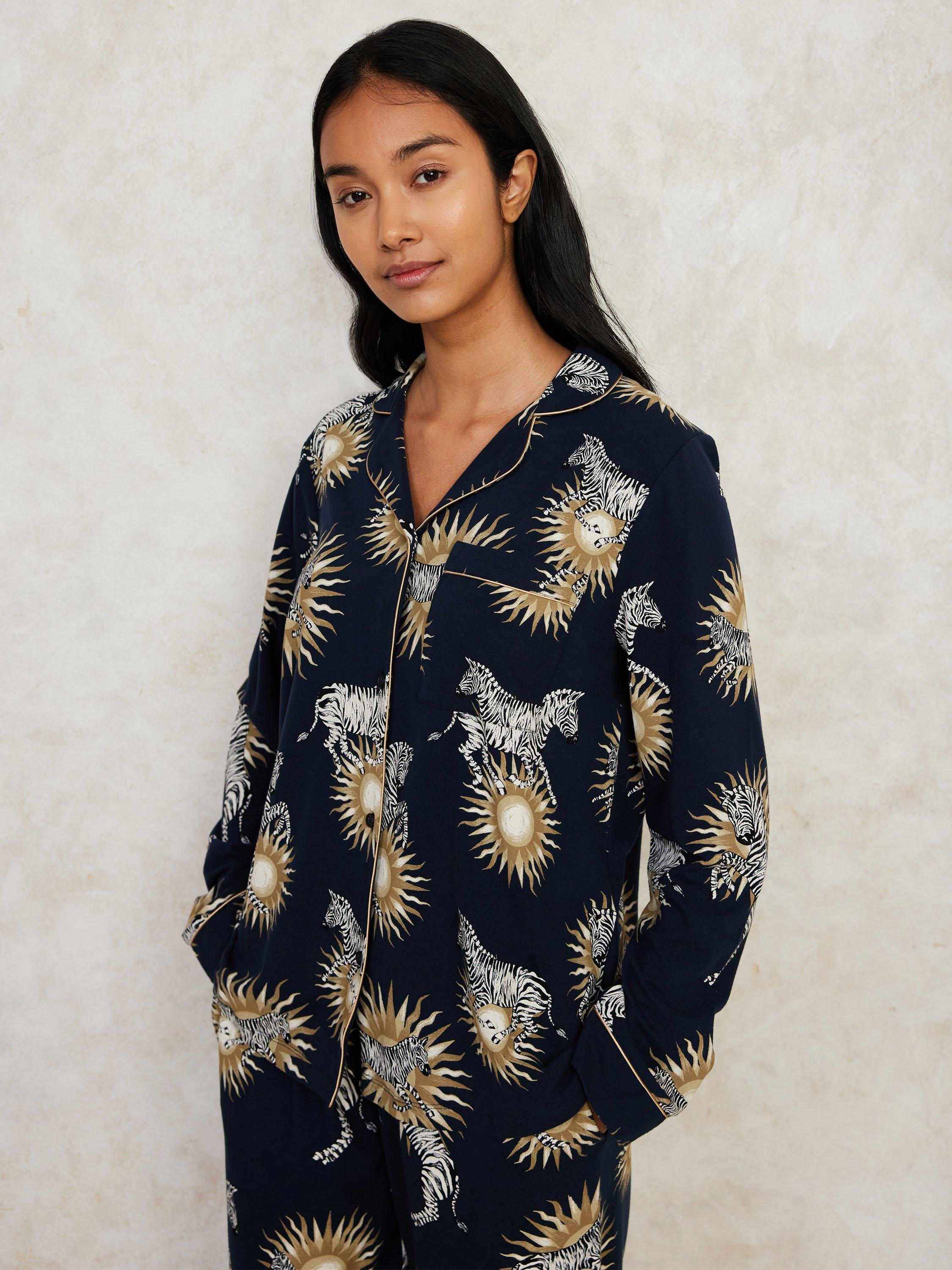 Product image 2 of 5, which shows Chelsea Peers Recycled Jersey Celestial Zebra Pyjama Set, Blue/Multi, 8