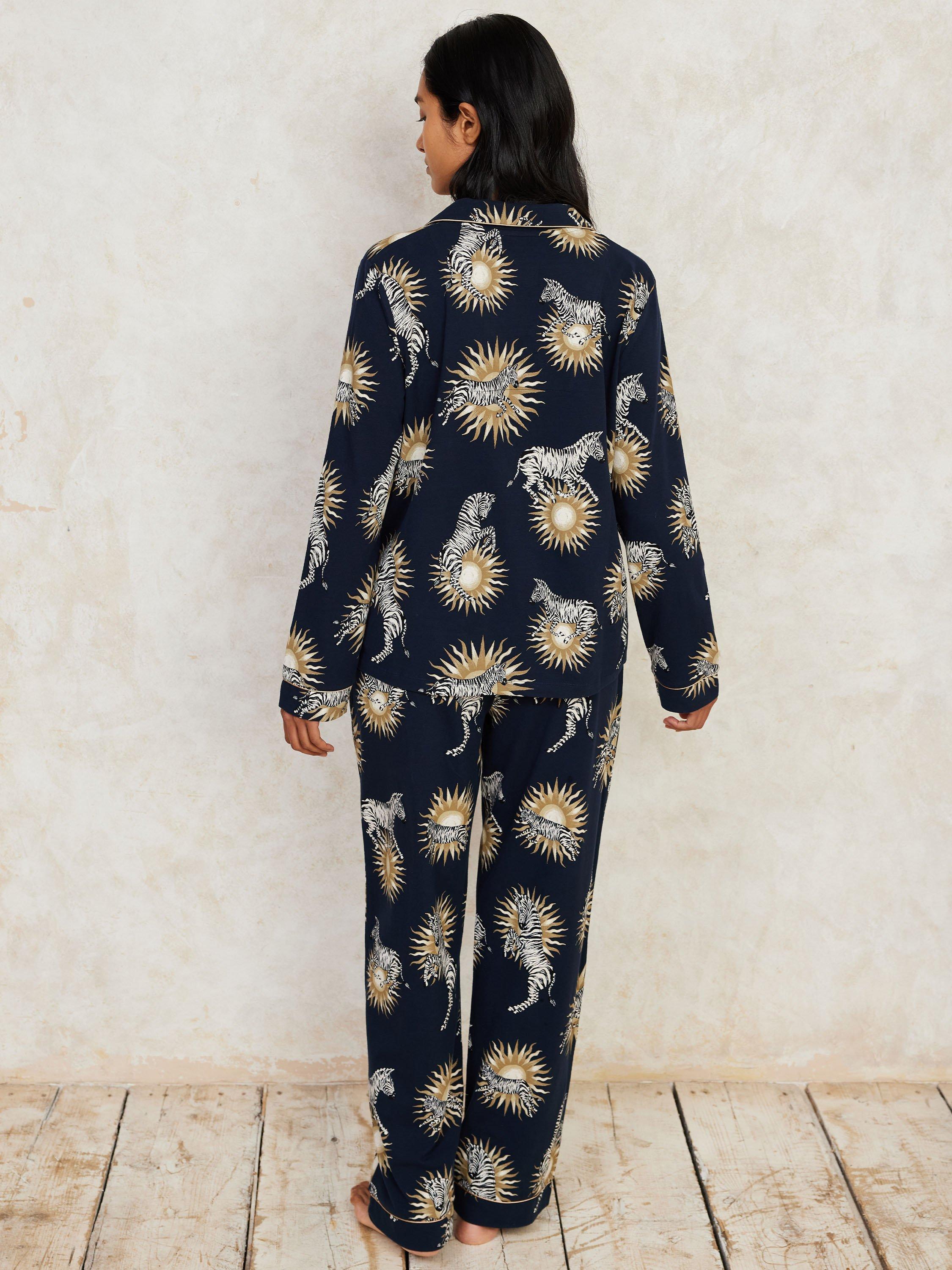 Product image 4 of 5, which shows Chelsea Peers Recycled Jersey Celestial Zebra Pyjama Set, Blue/Multi, 8