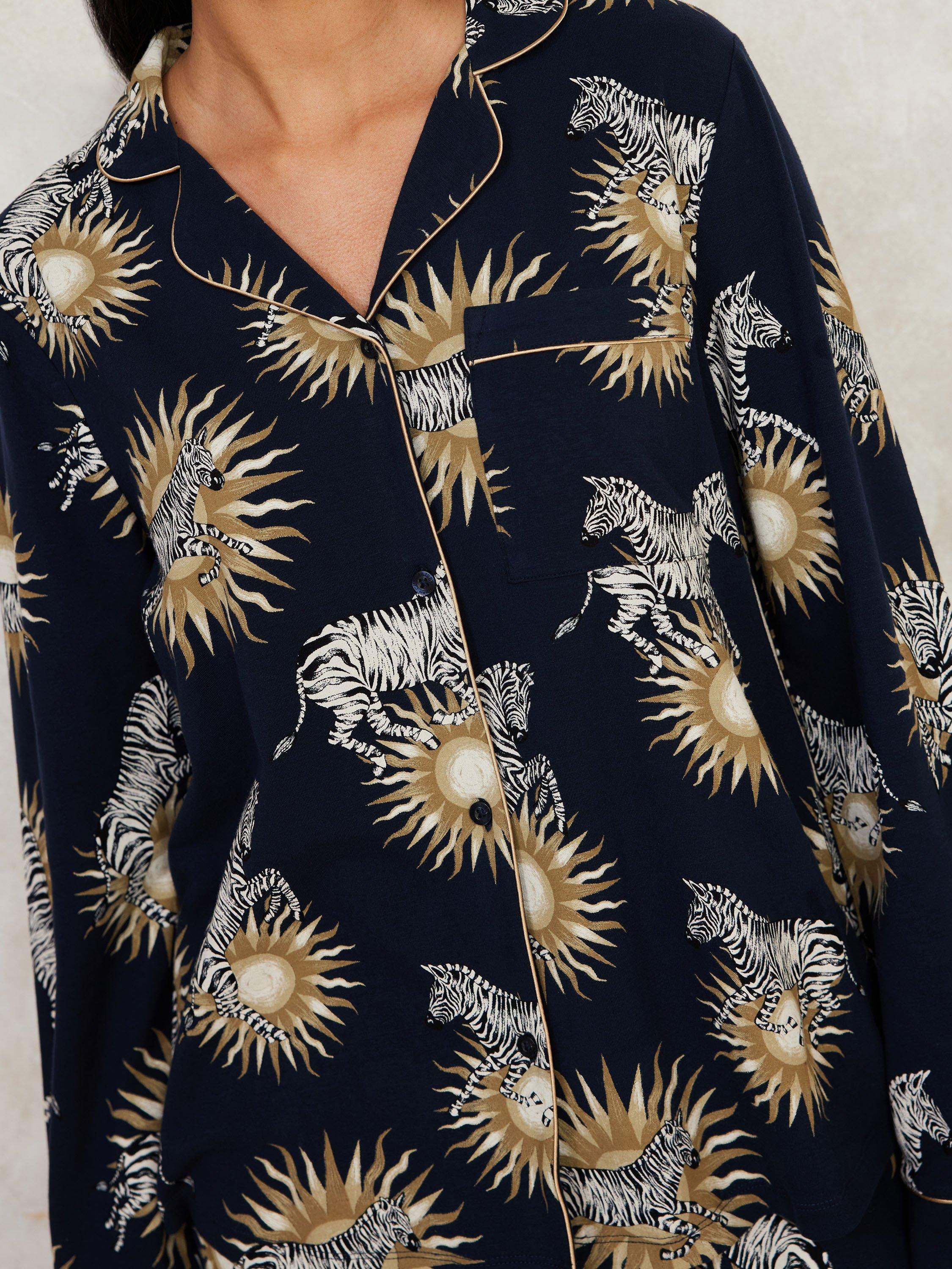 Product image 5 of 5, which shows Chelsea Peers Recycled Jersey Celestial Zebra Pyjama Set, Blue/Multi, 8