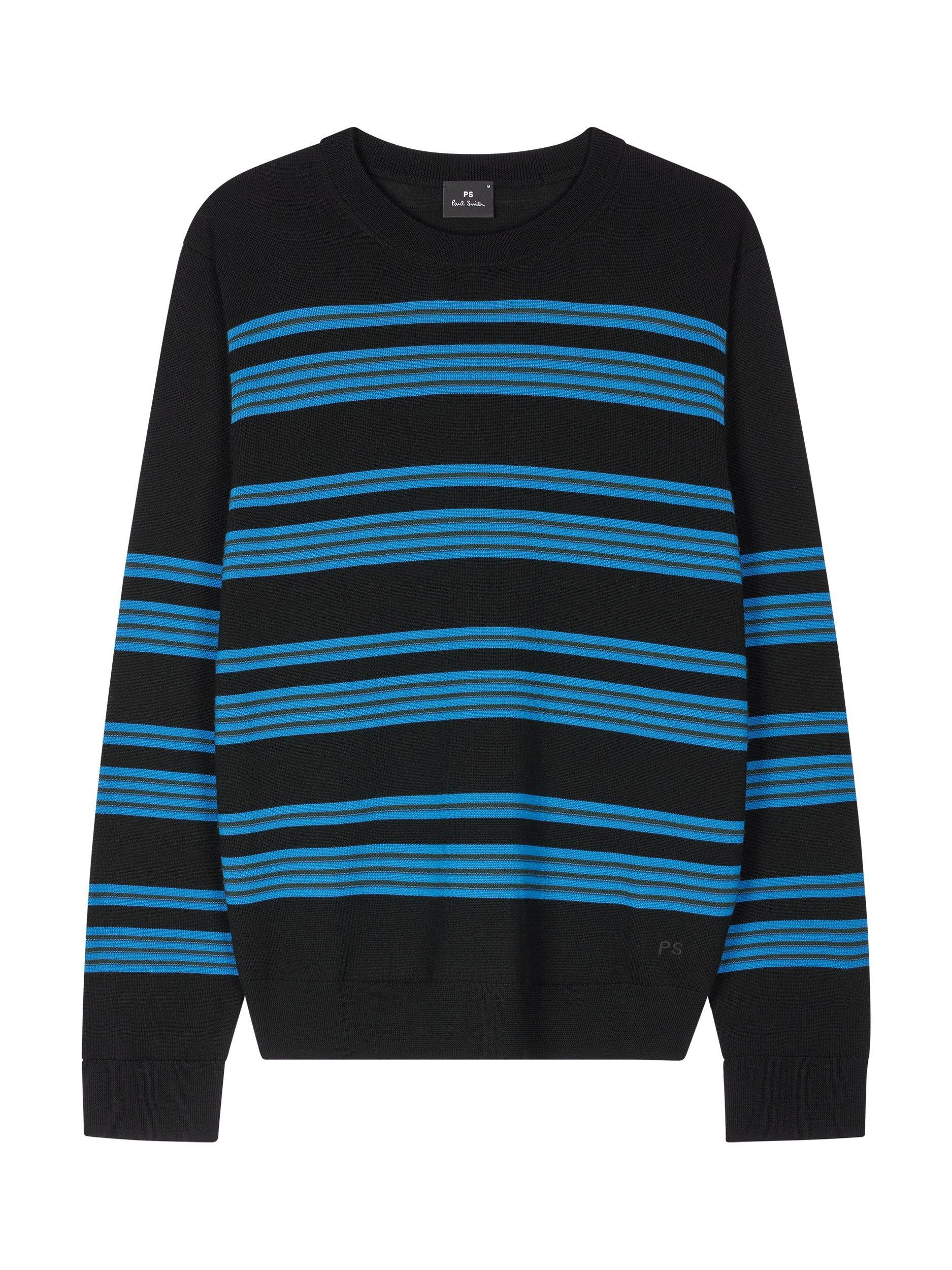PS Paul Smith Merino Wool Stripe Crew Jumper, Black/Bright Blue