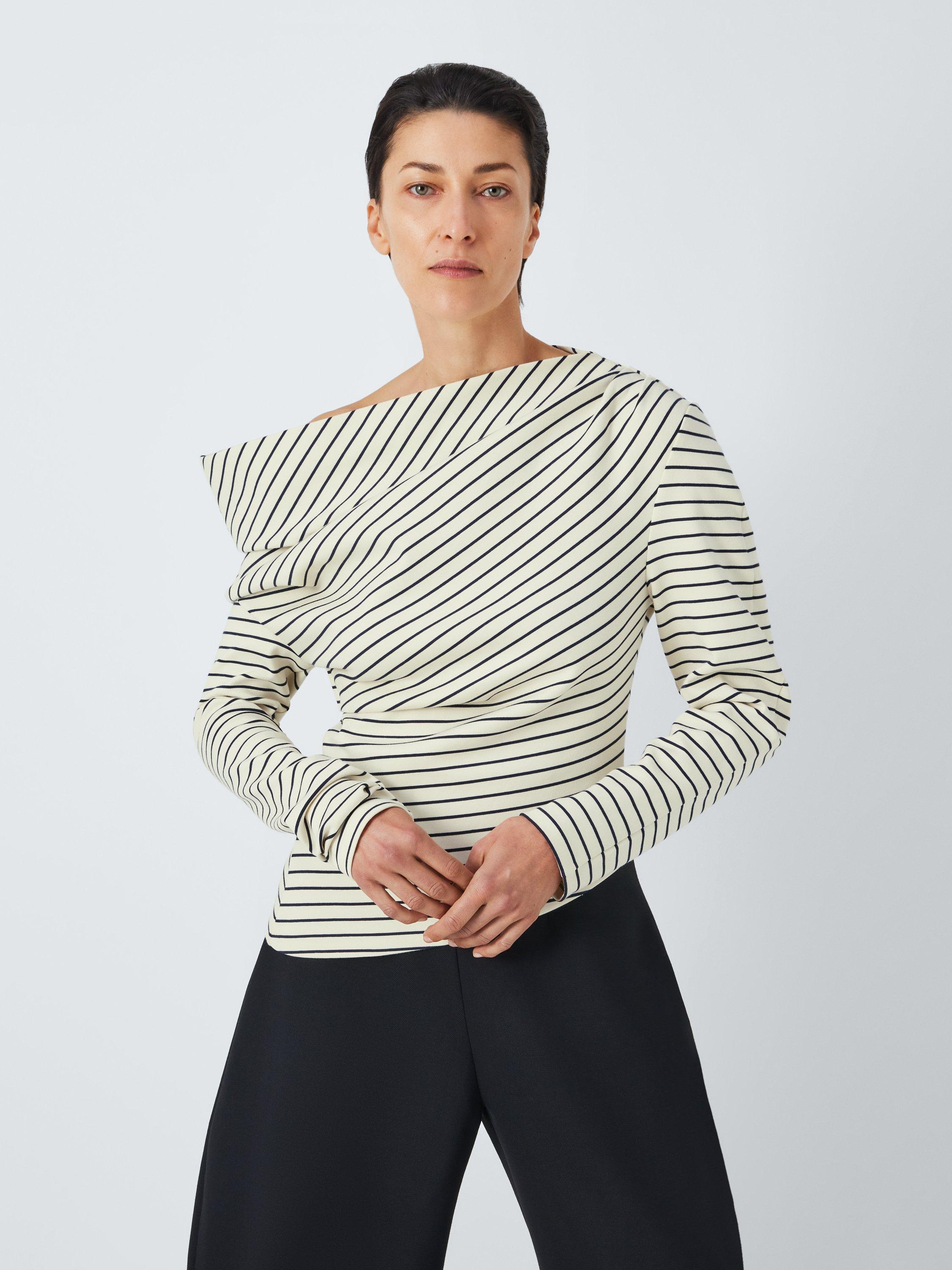 Product image 1 of 6, which shows John Lewis x A.W.A.K.E. MODE Stripe Asymmetric Slim Fit Top, Off White/Navy, 12