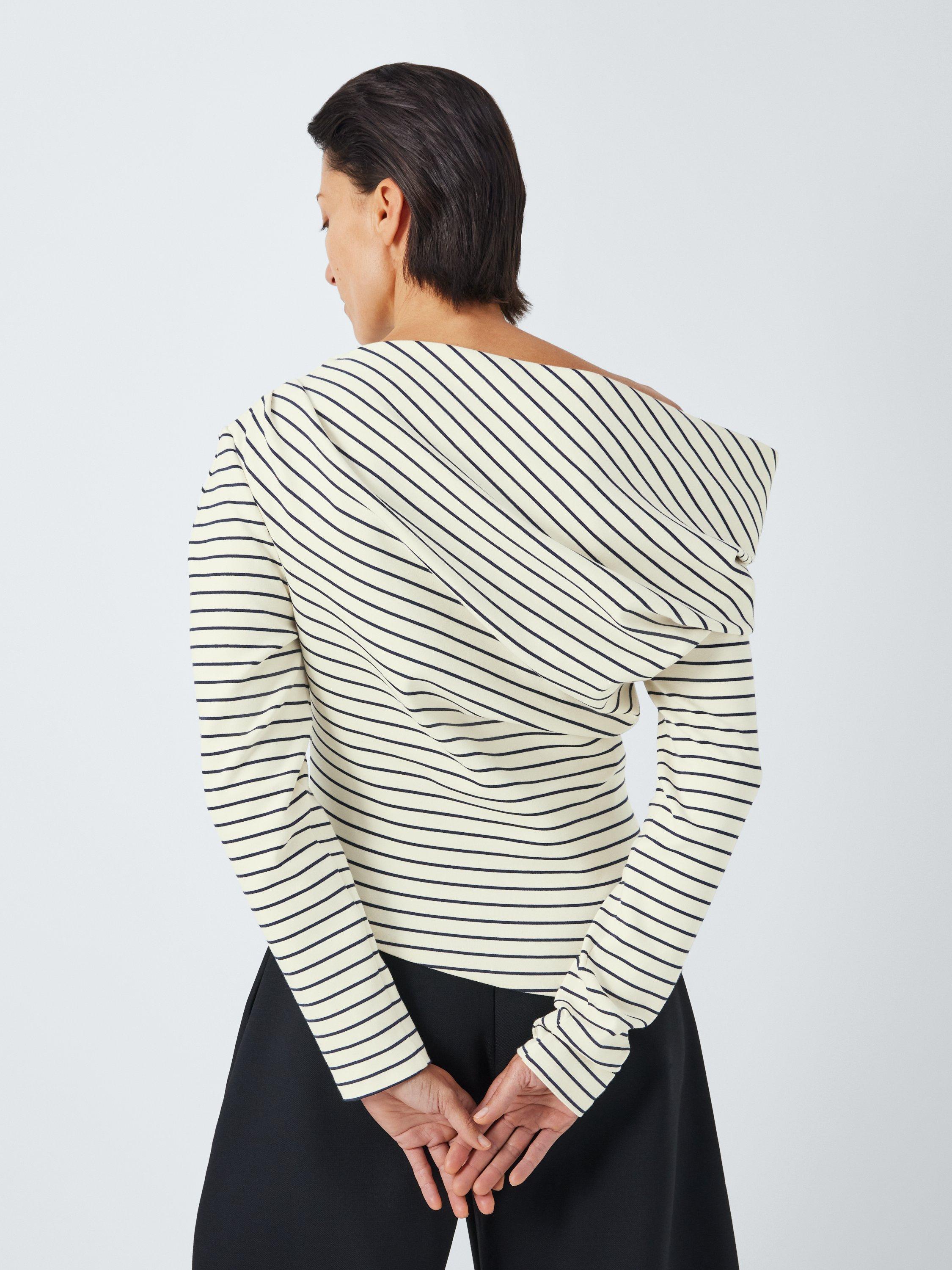 Product image 2 of 6, which shows John Lewis x A.W.A.K.E. MODE Stripe Asymmetric Slim Fit Top, Off White/Navy, 12