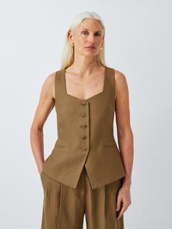 John Lewis Cotton Linen Blend Waiscoat, Khaki, Khaki