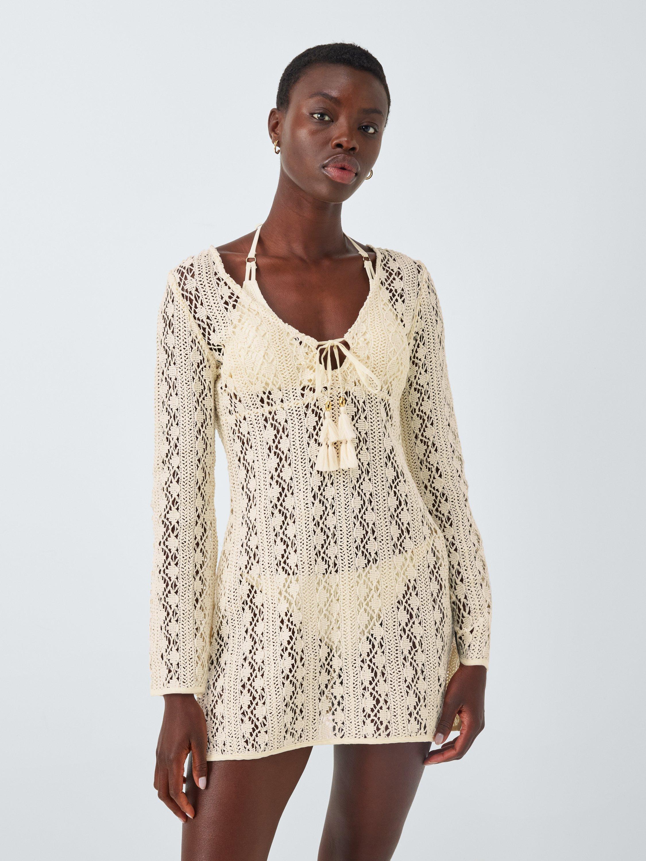 Product image 1 of 6, which shows AND/OR Capri Crochet Beach Dress, Ivory, S
