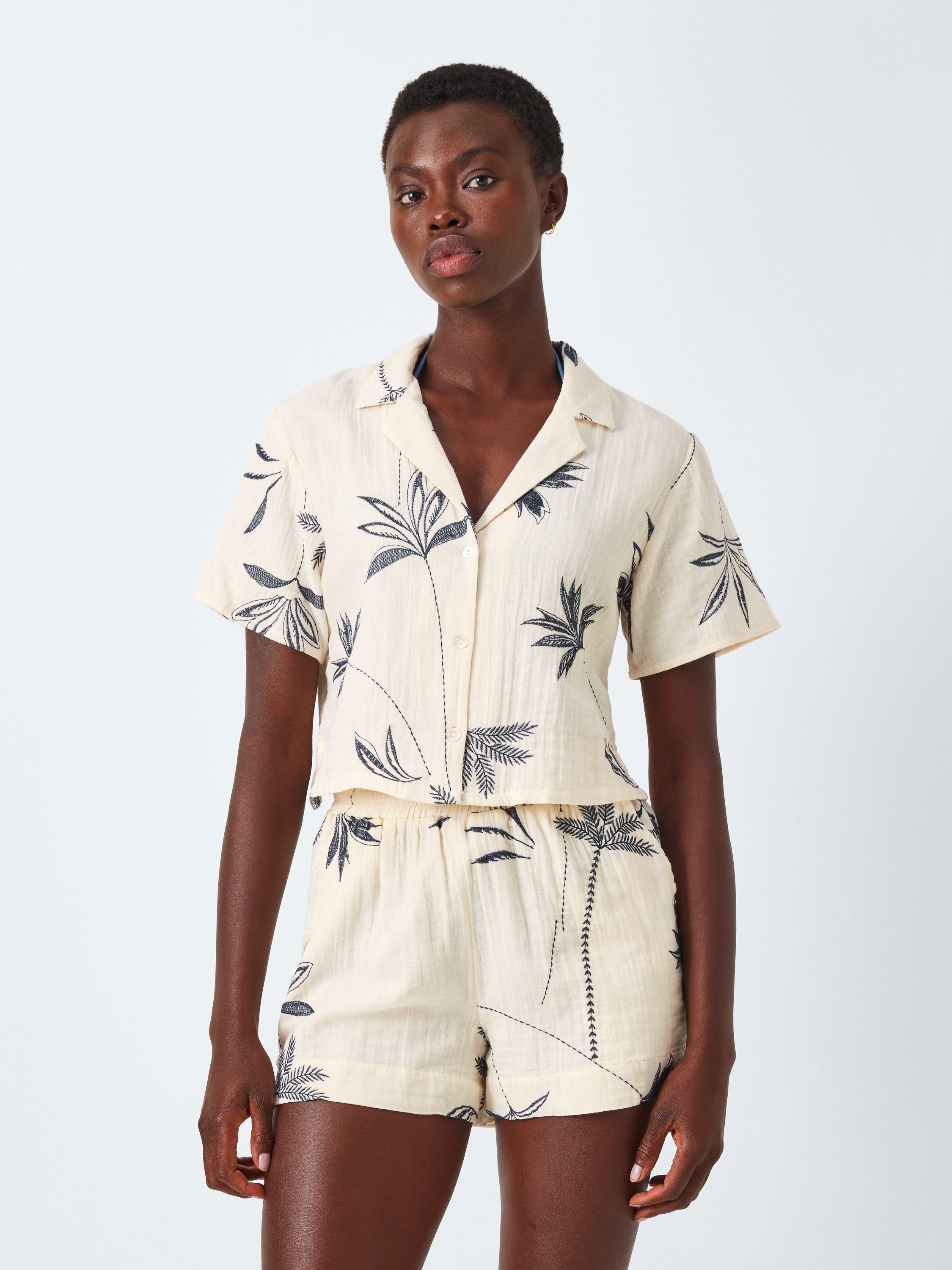 Product image 1 of 6, which shows John Lewis Palm Embroidery Boxy Shirt, Cream/Multi, M