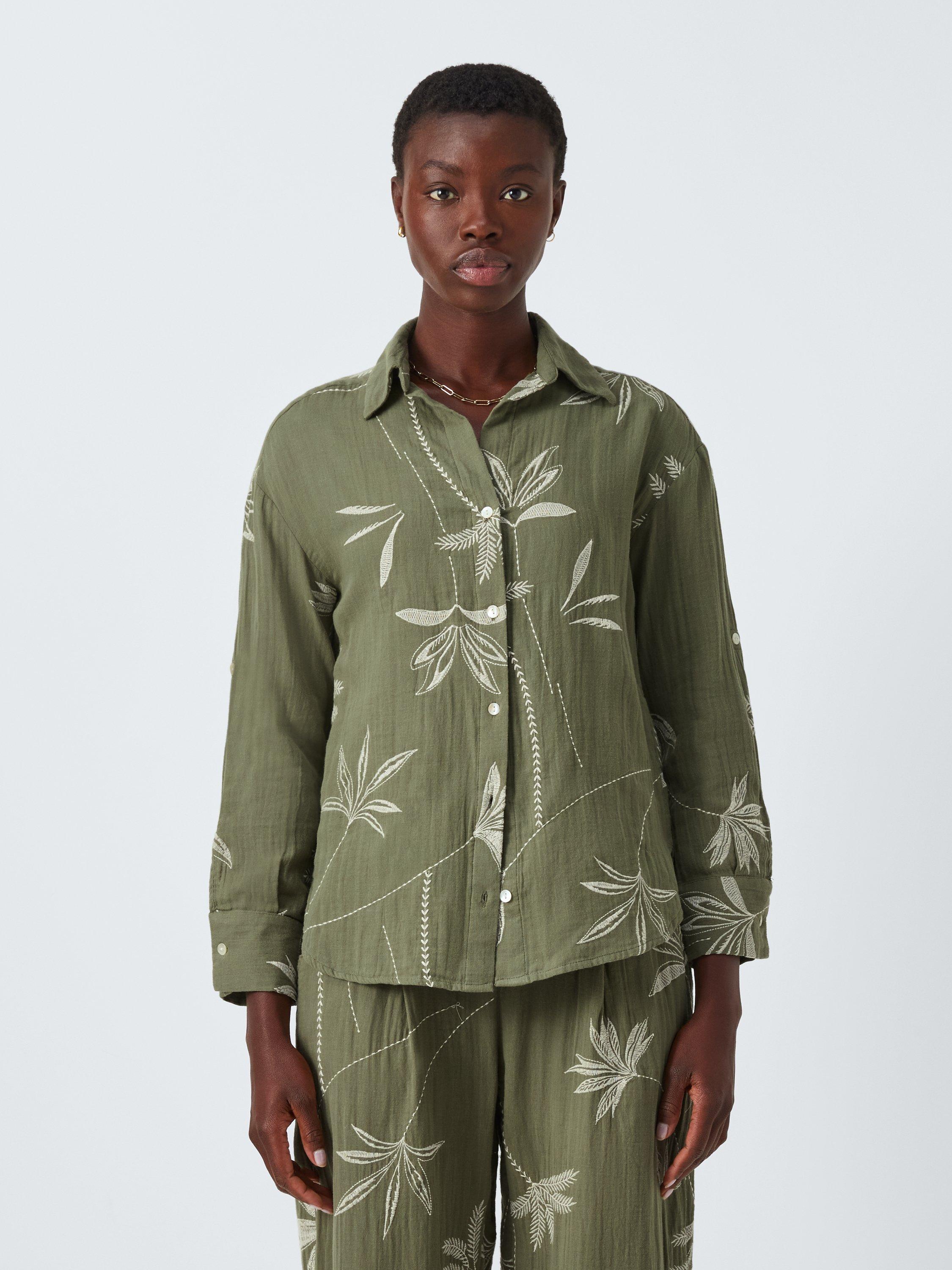 Product image 2 of 6, which shows John Lewis Palm Embroidery Shirt, Green, S
