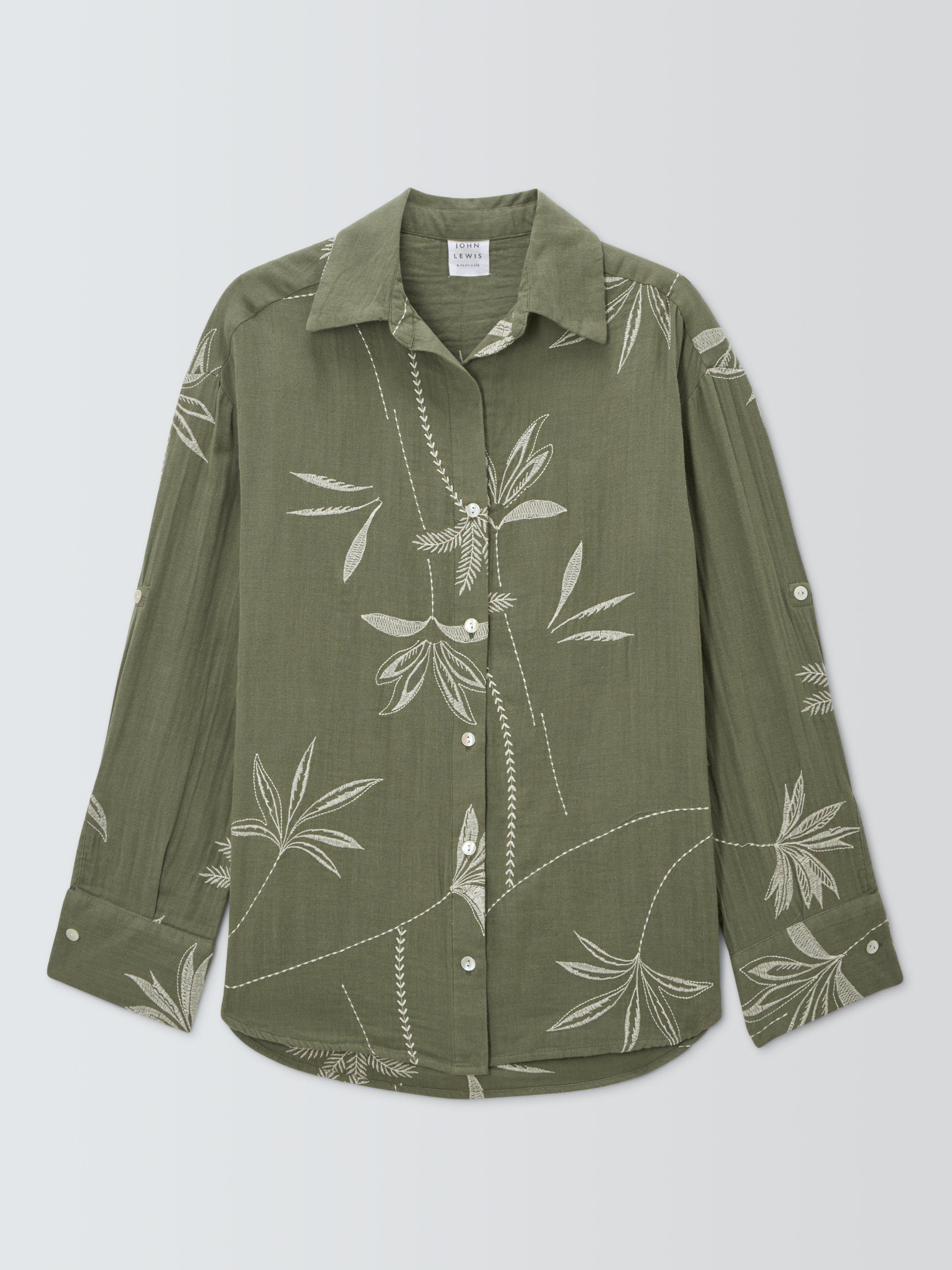 Product image 4 of 6, which shows John Lewis Palm Embroidery Shirt, Green, S