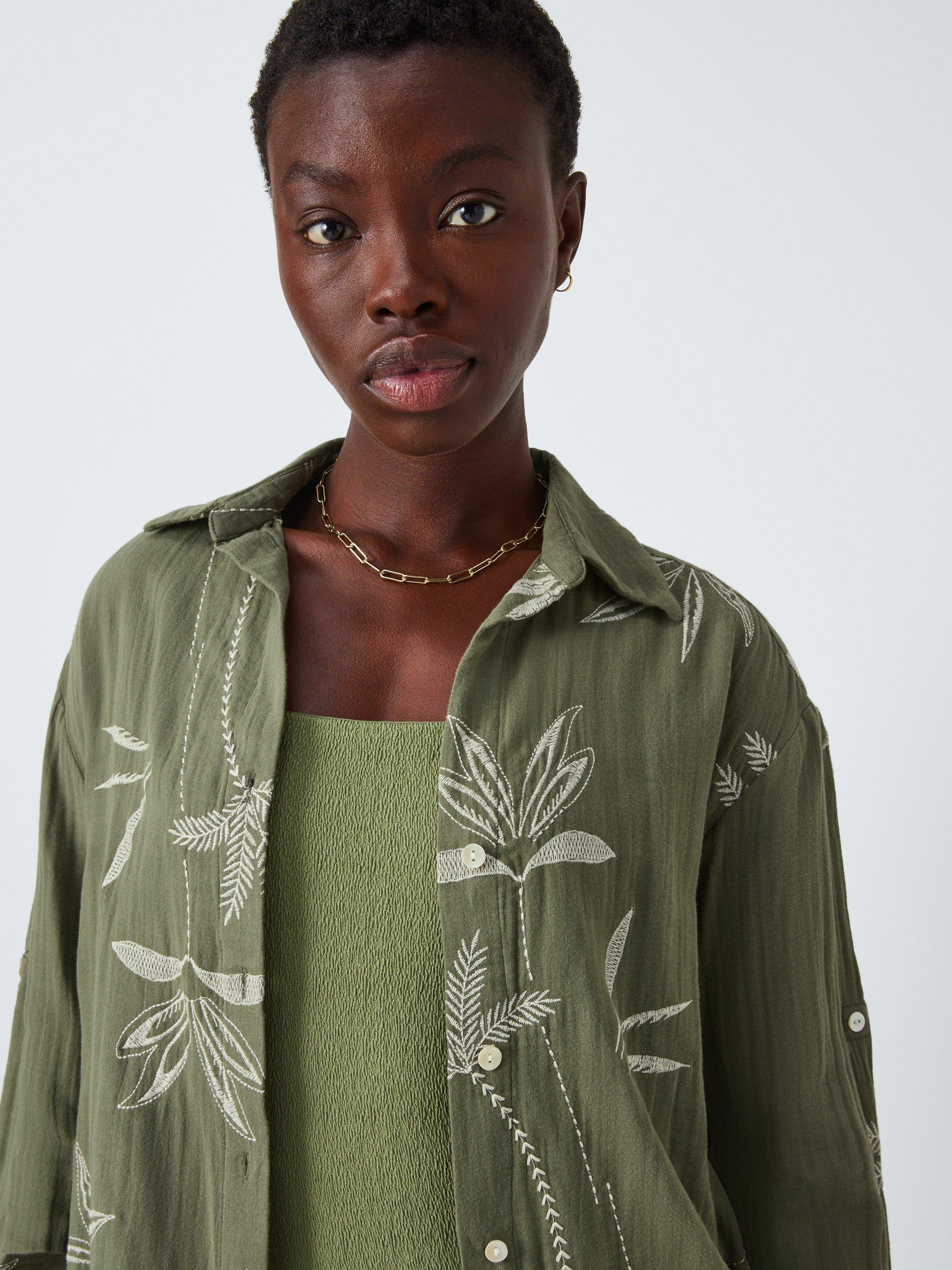 Product image 5 of 6, which shows John Lewis Palm Embroidery Shirt, Green, S