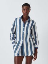 John Lewis Stripe Double Cloth Beach Shirt, White/Blue