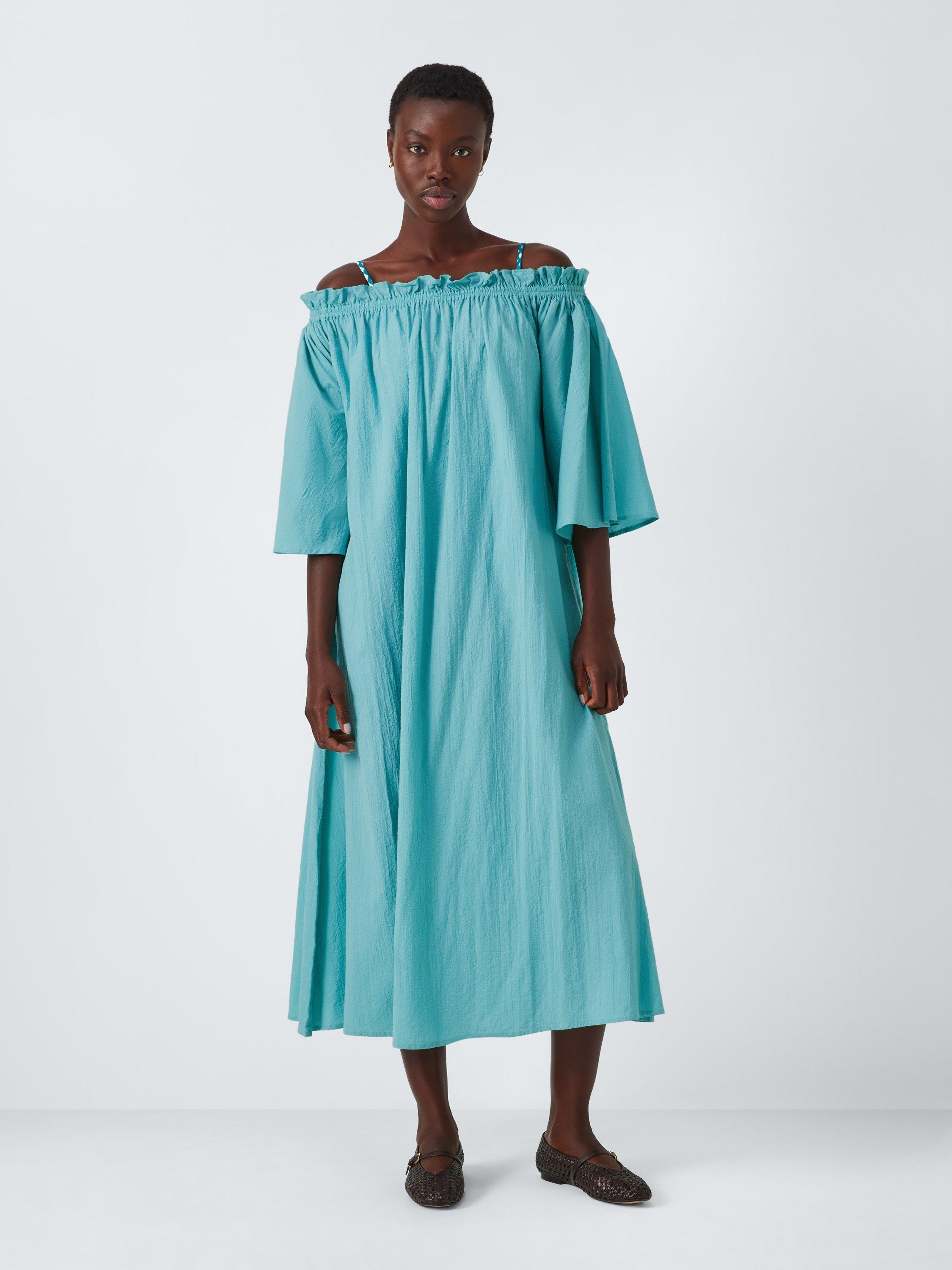 Product image 1 of 6, which shows John Lewis Bardot Organic Cotton Maxi Beach Dress, Blue, S