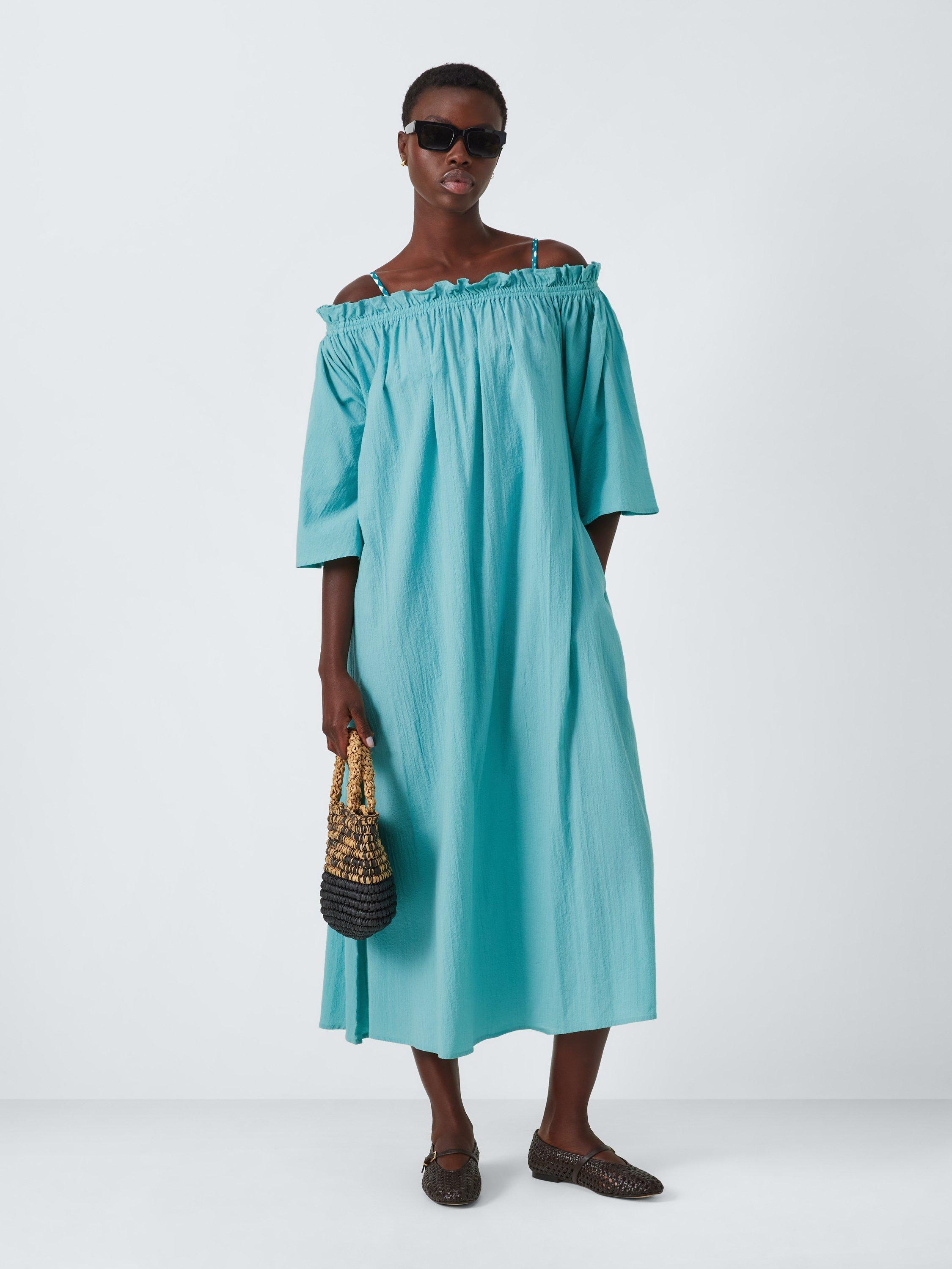 Product image 3 of 6, which shows John Lewis Bardot Organic Cotton Maxi Beach Dress, Blue, S