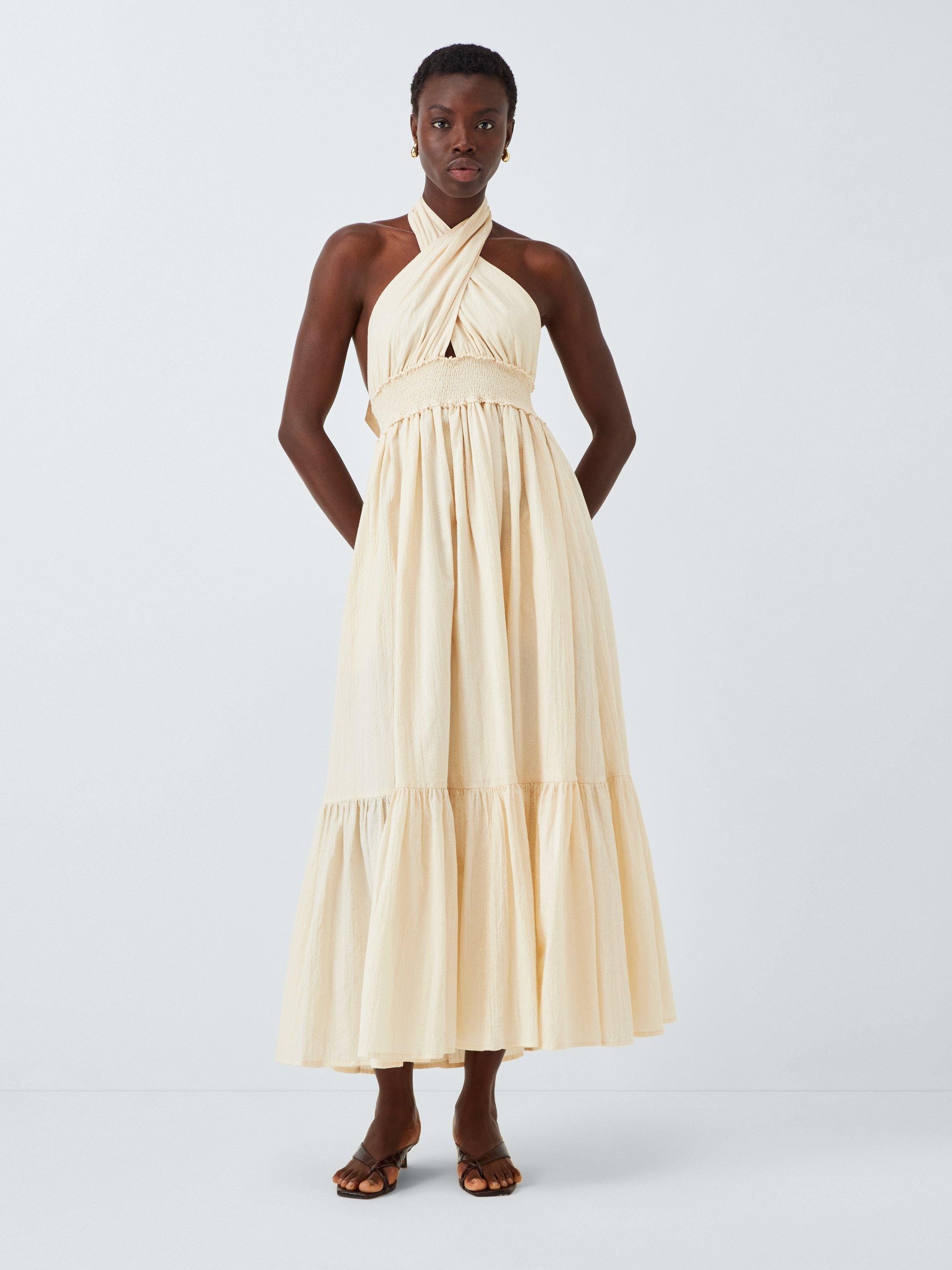 Product image 1 of 7, which shows John Lewis Organic Cotton Halter Neck Maxi Dress, Cream, S