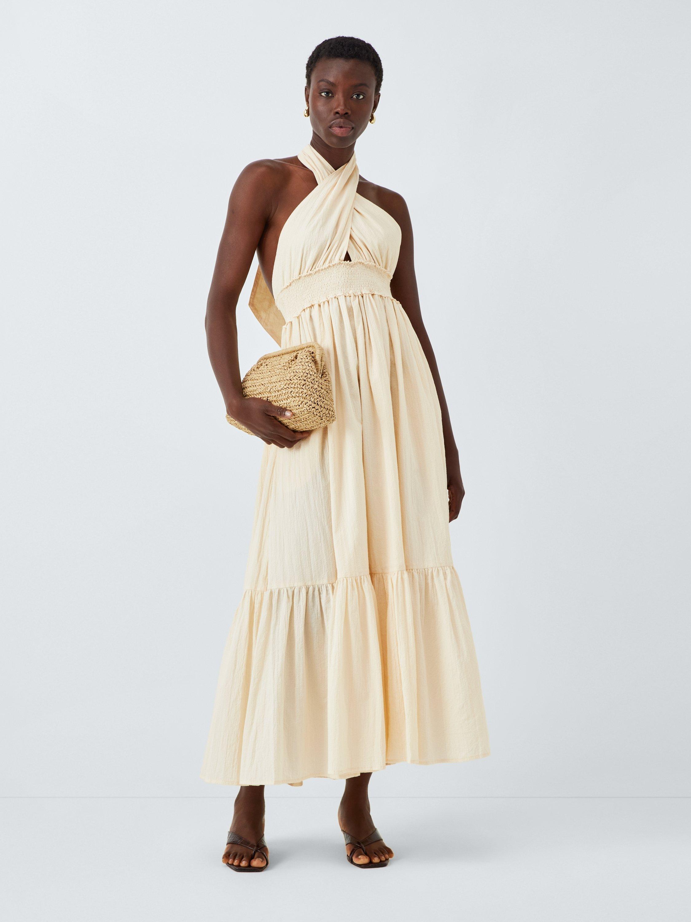 Product image 3 of 7, which shows John Lewis Organic Cotton Halter Neck Maxi Dress, Cream, S