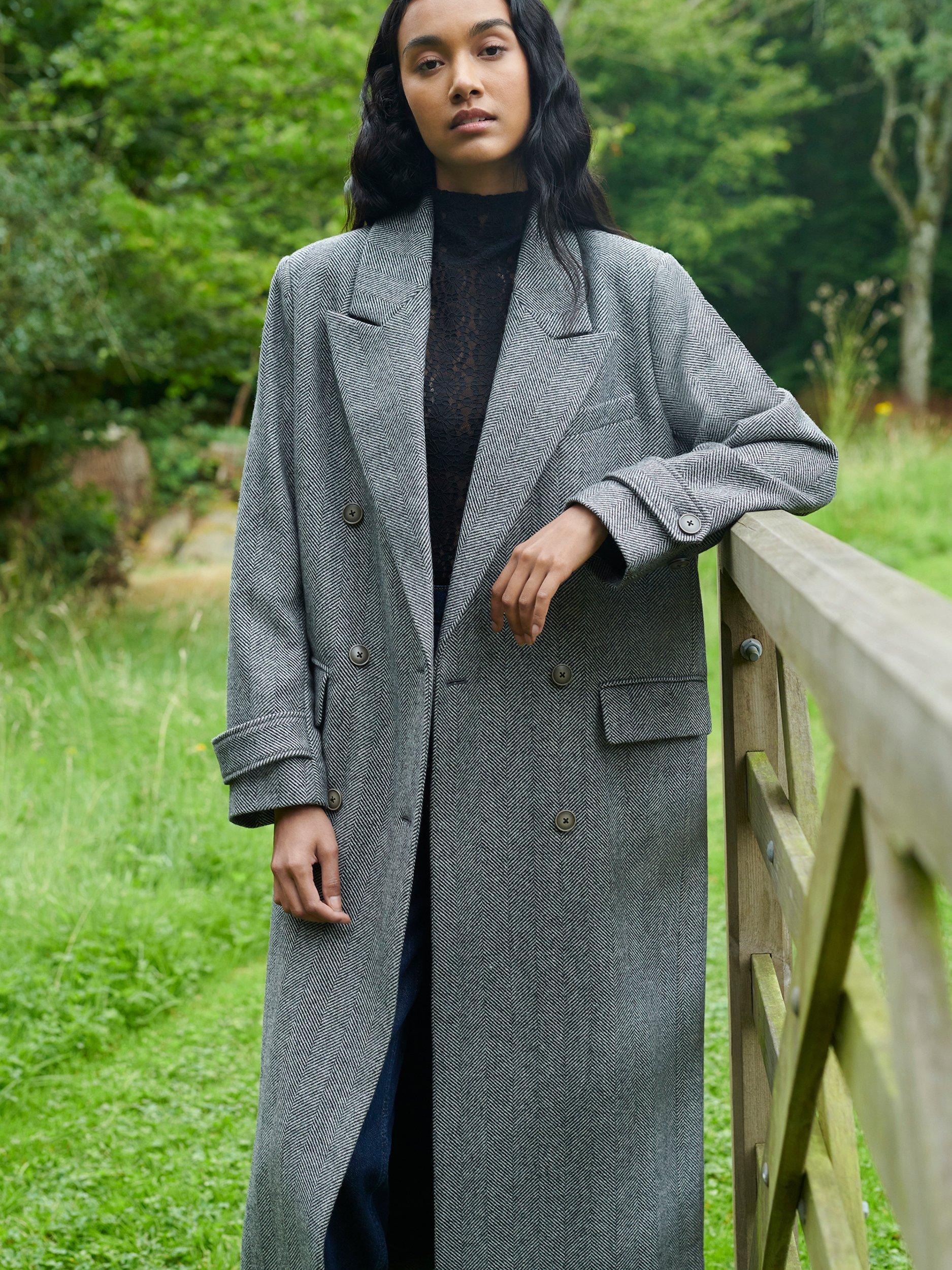 Product image 1 of 9, which shows Ro&Zo Herringbone Wool Blend Double Breasted Overcoat, Grey, S