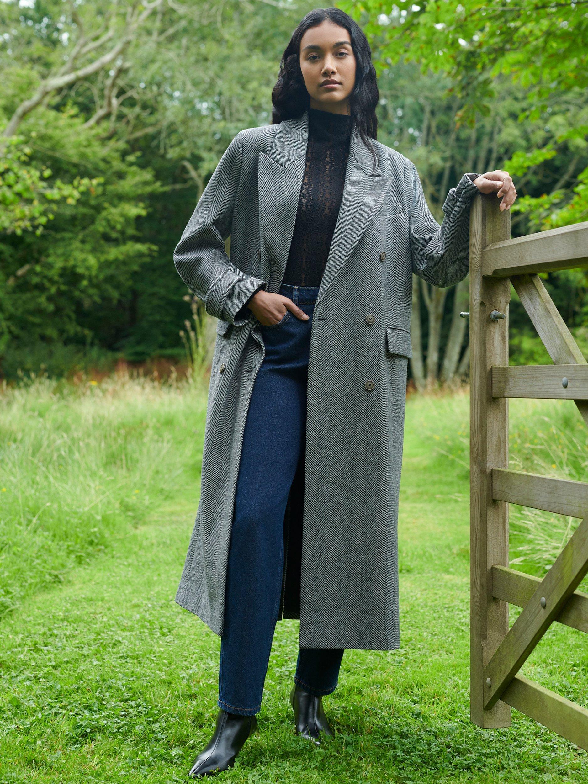 Product image 3 of 9, which shows Ro&Zo Herringbone Wool Blend Double Breasted Overcoat, Grey, S