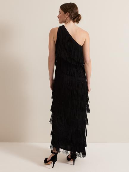Phase Eight Petite Otto Fringe Tassel Maxi Dress, Black - view 2, Black