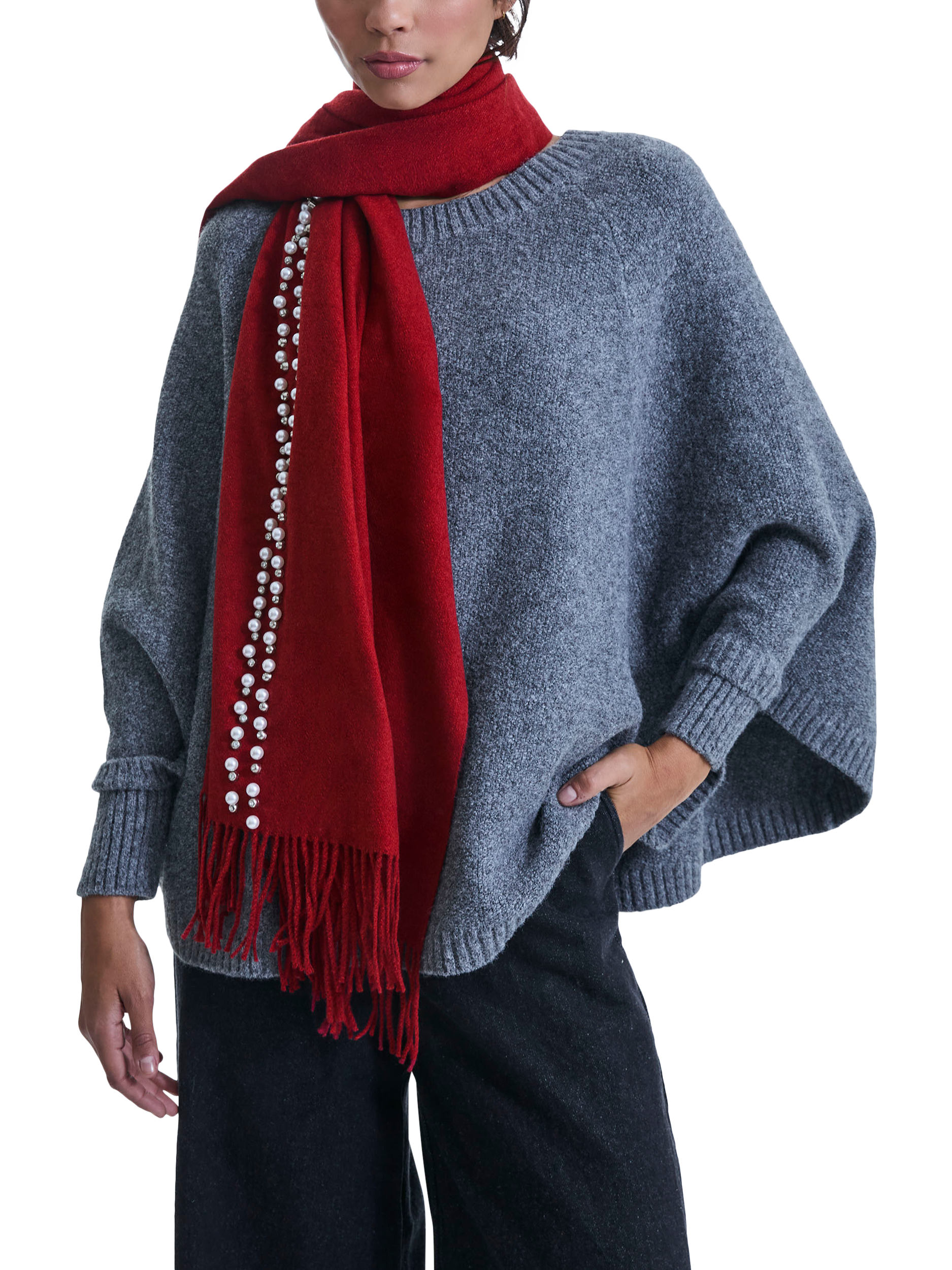 Product image 4 of 4, which shows James Lakeland Pearl Detail Scarf, Red, One Size