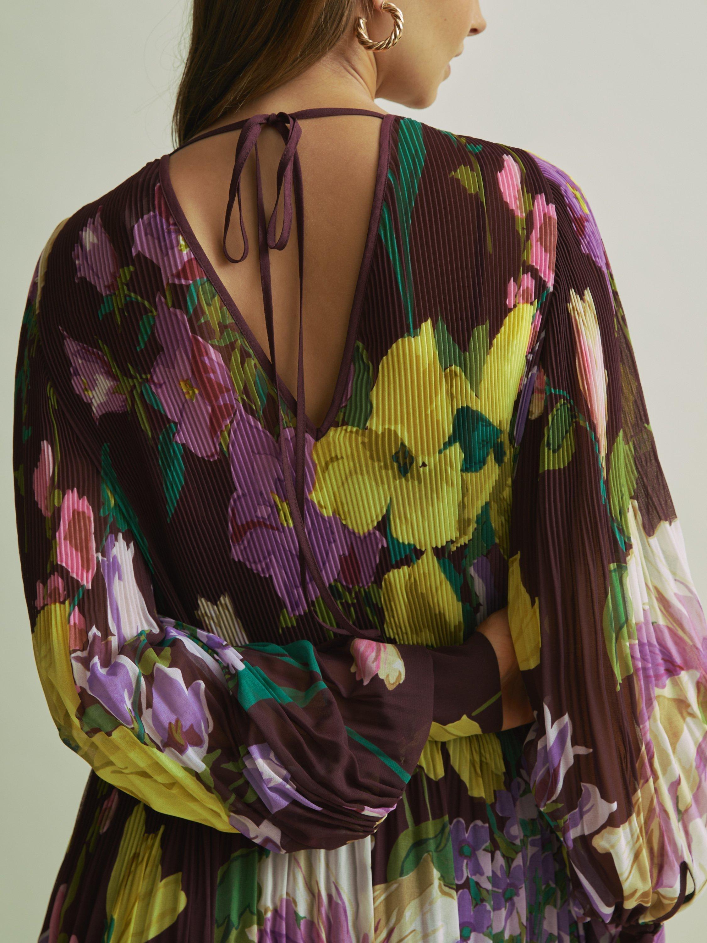 Product image 2 of 5, which shows FLORERE Pleated Midaxi Tie Back Dress, Purple, 8