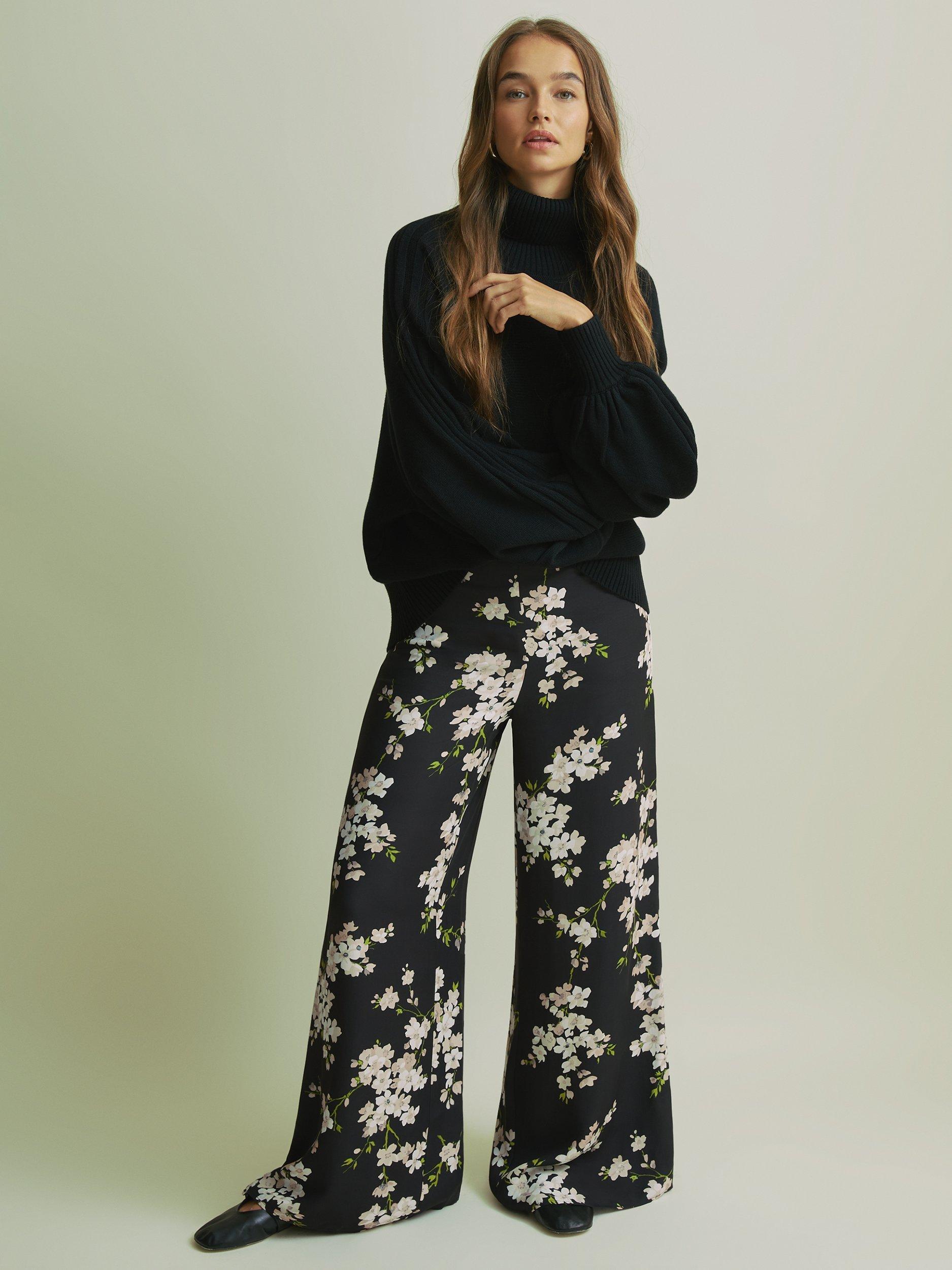 FLORERE Blossom Print Trousers, Black/Multi