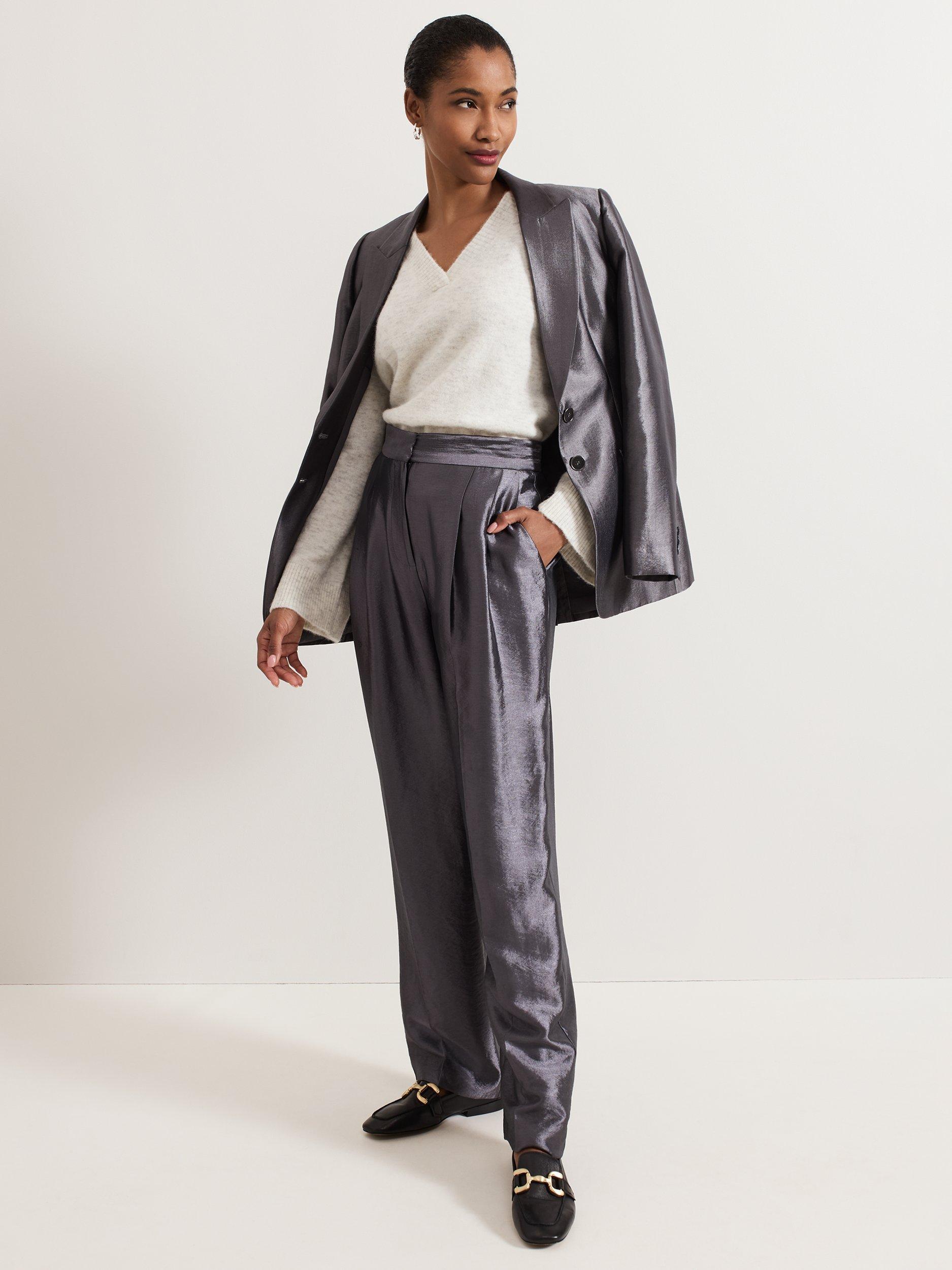 Product image 8 of 8, which shows Phase Eight Sade Metallic Tailored Trousers, Gunmetal, 6