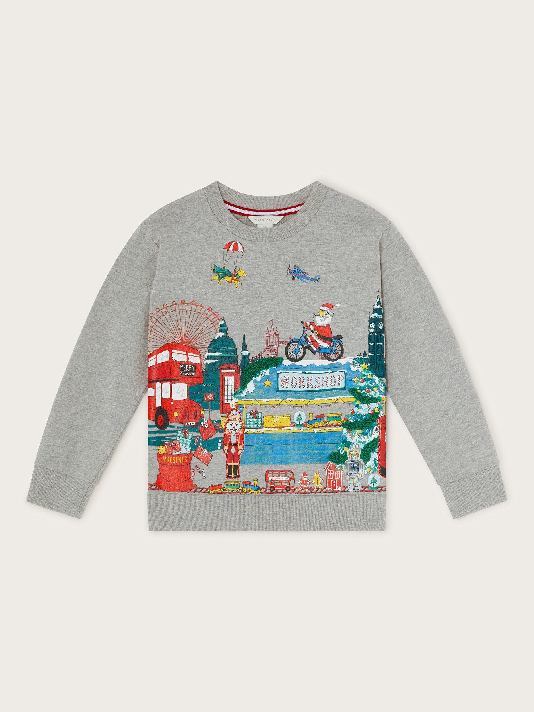 Monsoon Kids' Christmas London Scene Sweatshirt, Grey/Multi