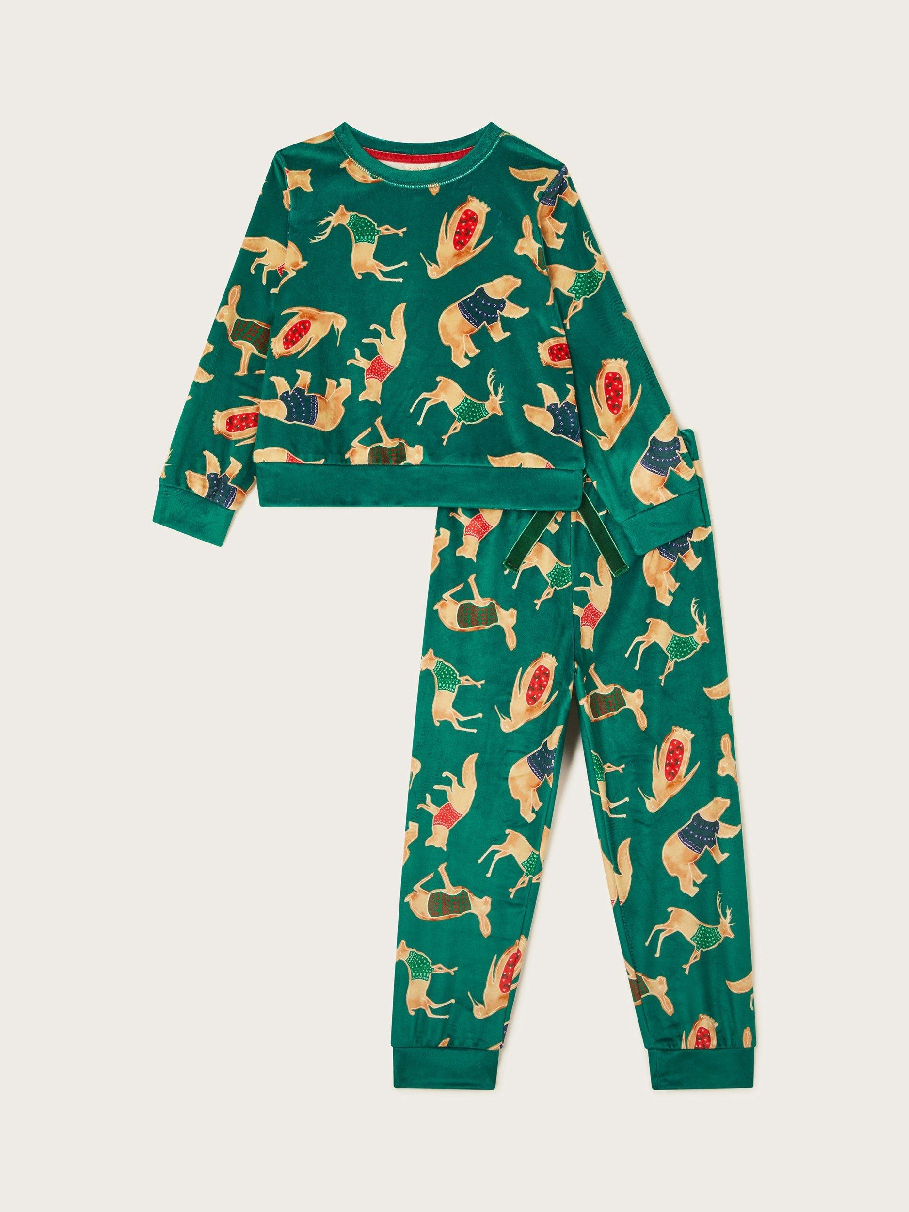Monsoon Kids' Velour Festive Print Pyjama Set, Green