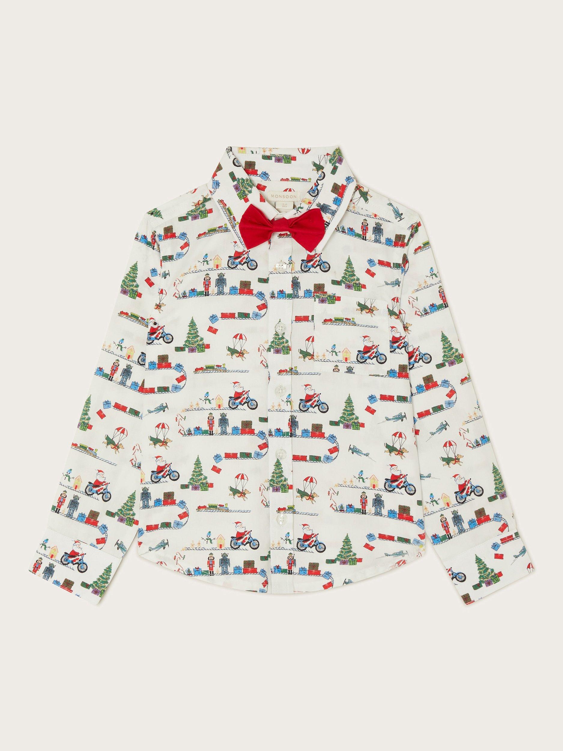 Monsoon Kids' Cotton Christmas Bow Tie Shirt, Ivory