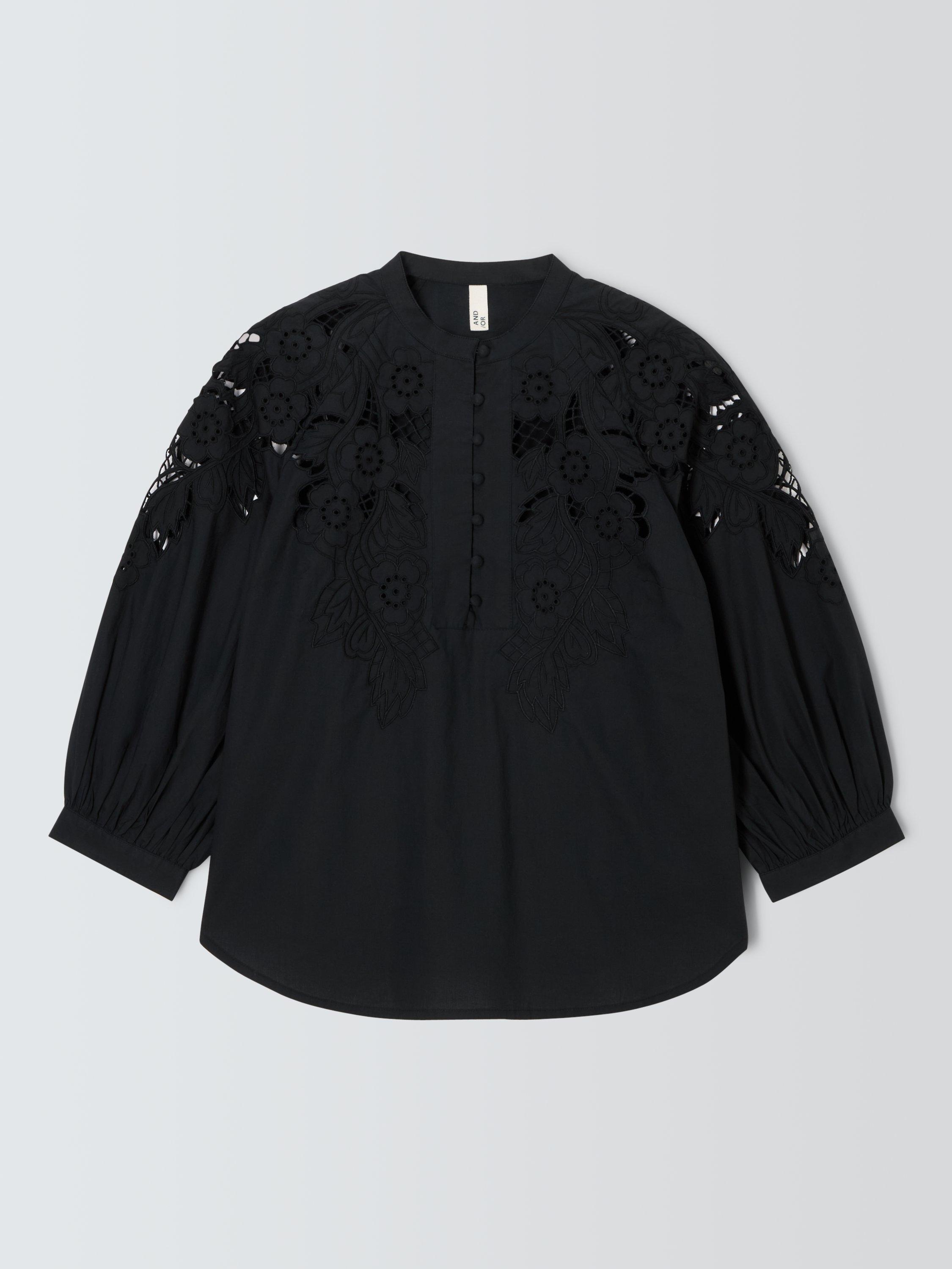 Product image 4 of 6, which shows AND/OR Joelle Floral Cutwork Top, Black, 6